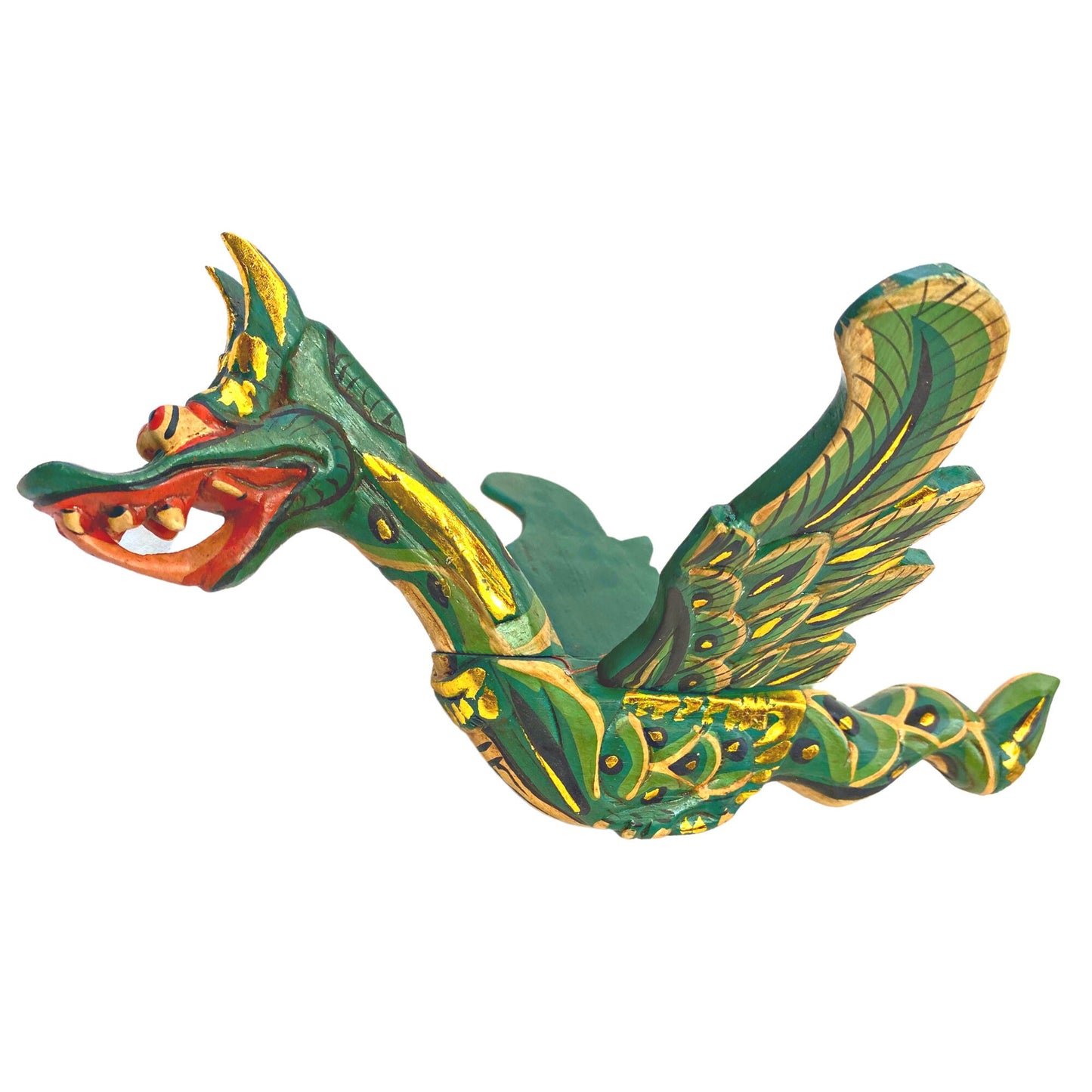Flying Dragon Spiritchaser Hanging Mobile Wooden Demon Chaser Hand carved wood Carving Balinese Folk Art Green 12”
