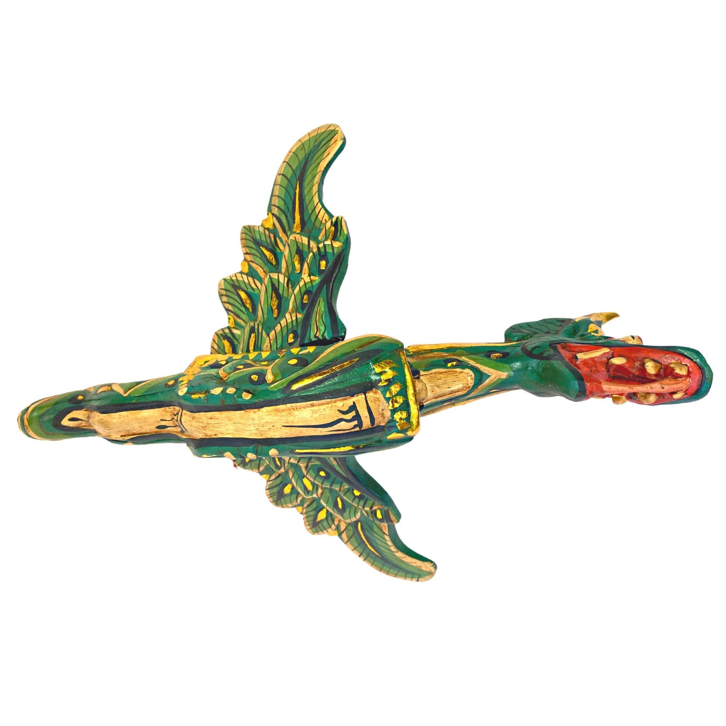 Flying Dragon Spiritchaser Hanging Mobile Wooden Demon Chaser Hand carved wood Carving Balinese Folk Art Green 12”