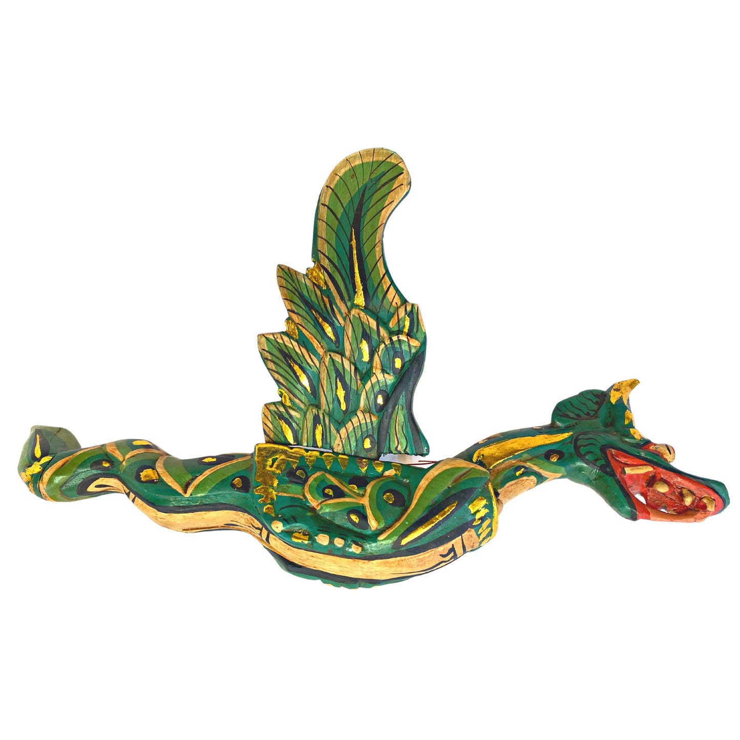 Flying Dragon Spiritchaser Hanging Mobile Wooden Demon Chaser Hand carved wood Carving Balinese Folk Art Green 12”