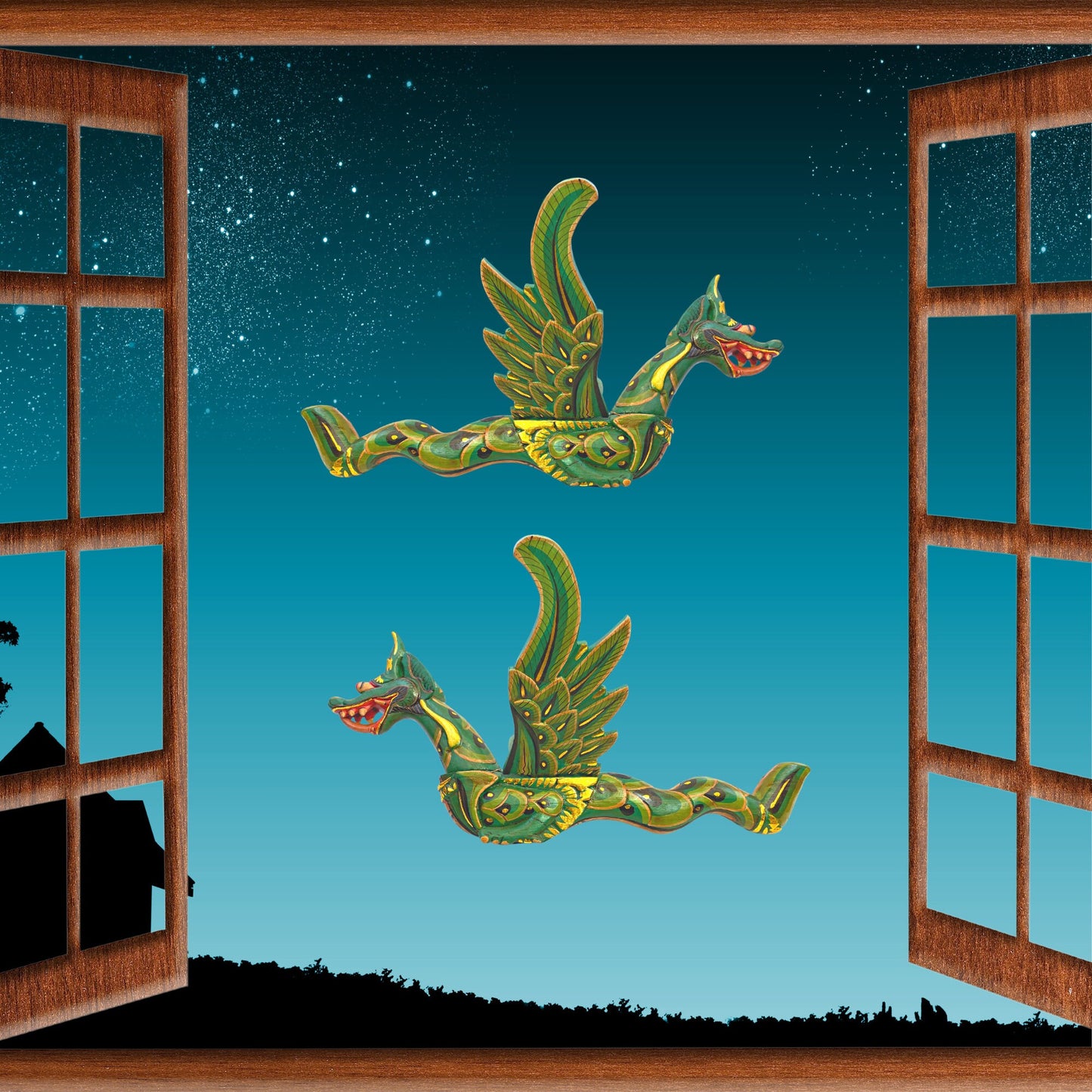 Flying Dragon Spiritchaser Hanging Mobile Wooden Demon Chaser Hand carved wood Carving Balinese Folk Art Green 12”