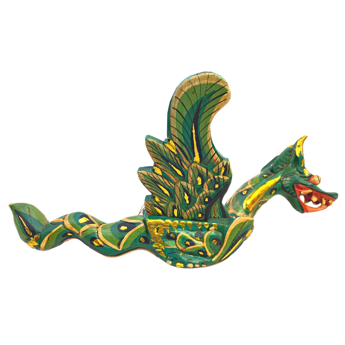 Flying Dragon Spiritchaser Hanging Mobile Wooden Demon Chaser Hand carved wood Carving Balinese Folk Art Green 12”