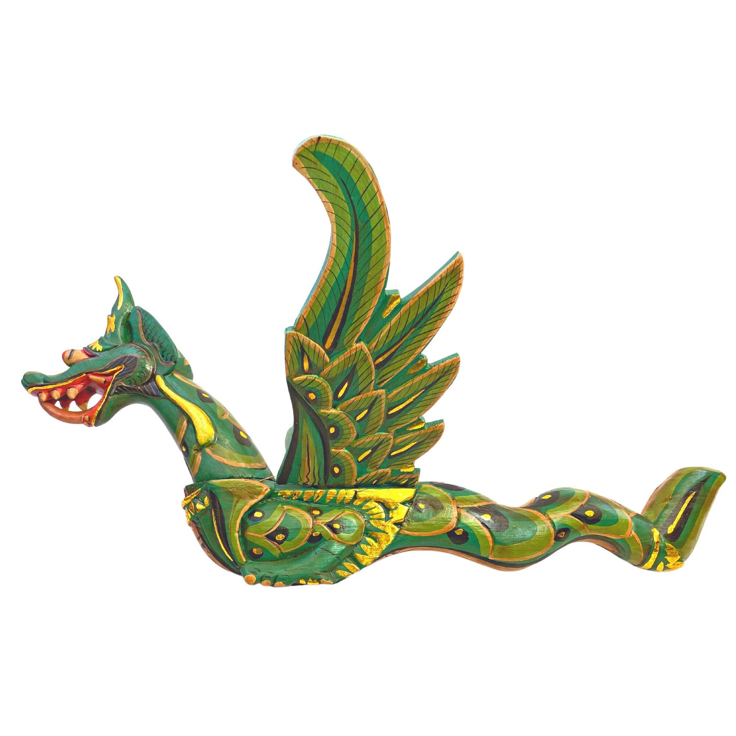 Flying Dragon Spiritchaser Hanging Mobile Wooden Demon Chaser Hand carved wood Carving Balinese Folk Art Green 12”