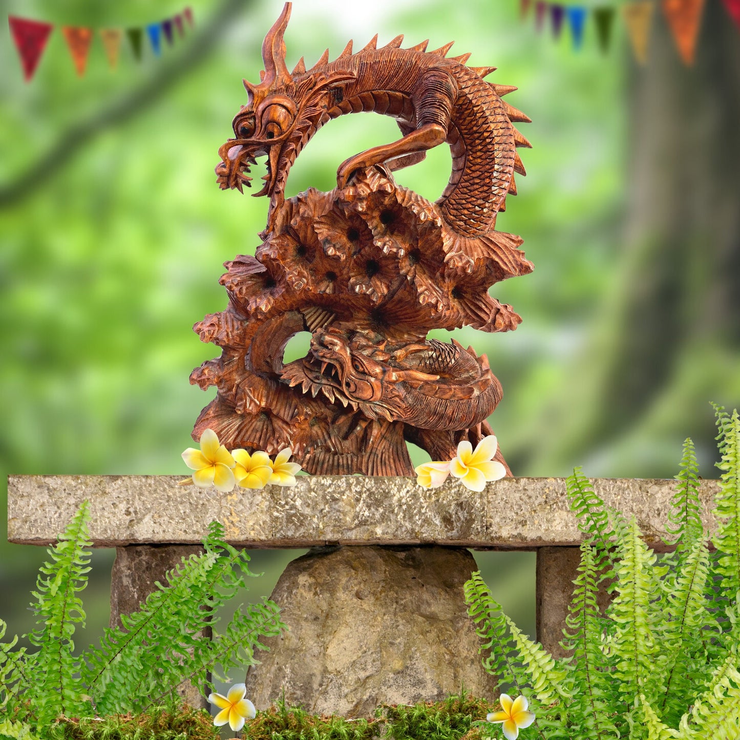 Twin Dragon Naga Wood Carving Sculpture: Balinese hand carved Folk Art Statue
