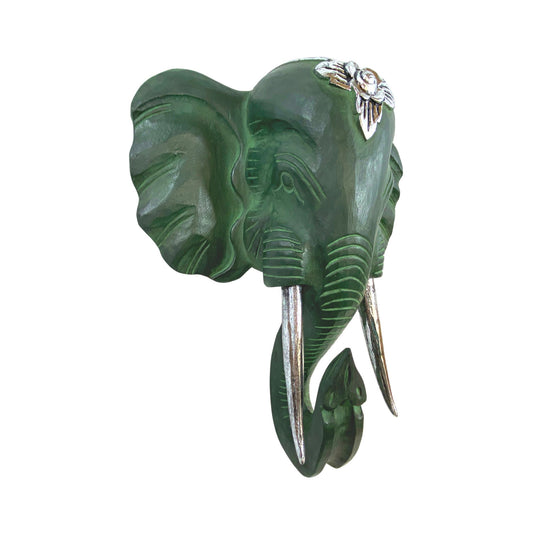 Balinese Ganesha Mask Elephant Teal Silver Hand Carved Wooden Wall Decor Wood Carving Bali Folk wall art - Acadia World Traders