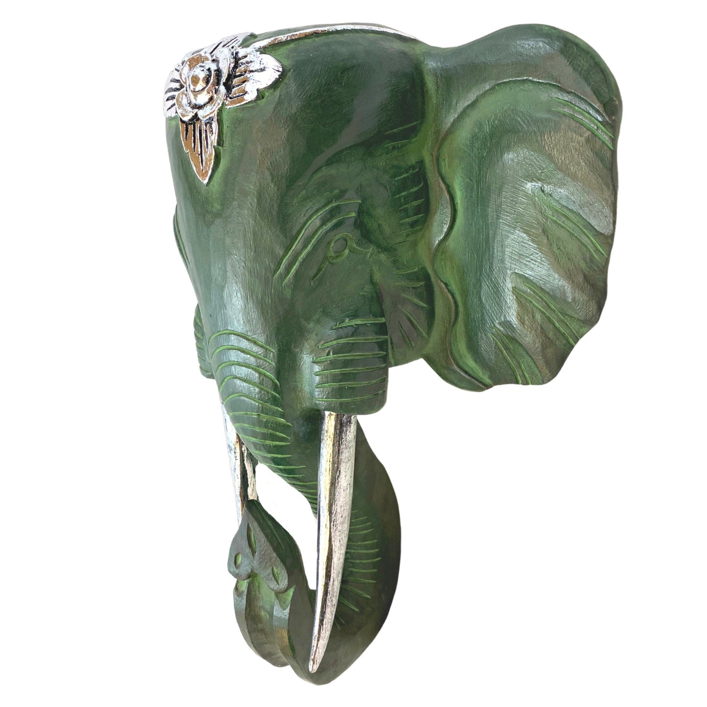 Balinese Ganesha Mask Elephant Teal Silver Hand Carved Wooden Wall Decor Wood Carving Bali Folk wall art - Acadia World Traders