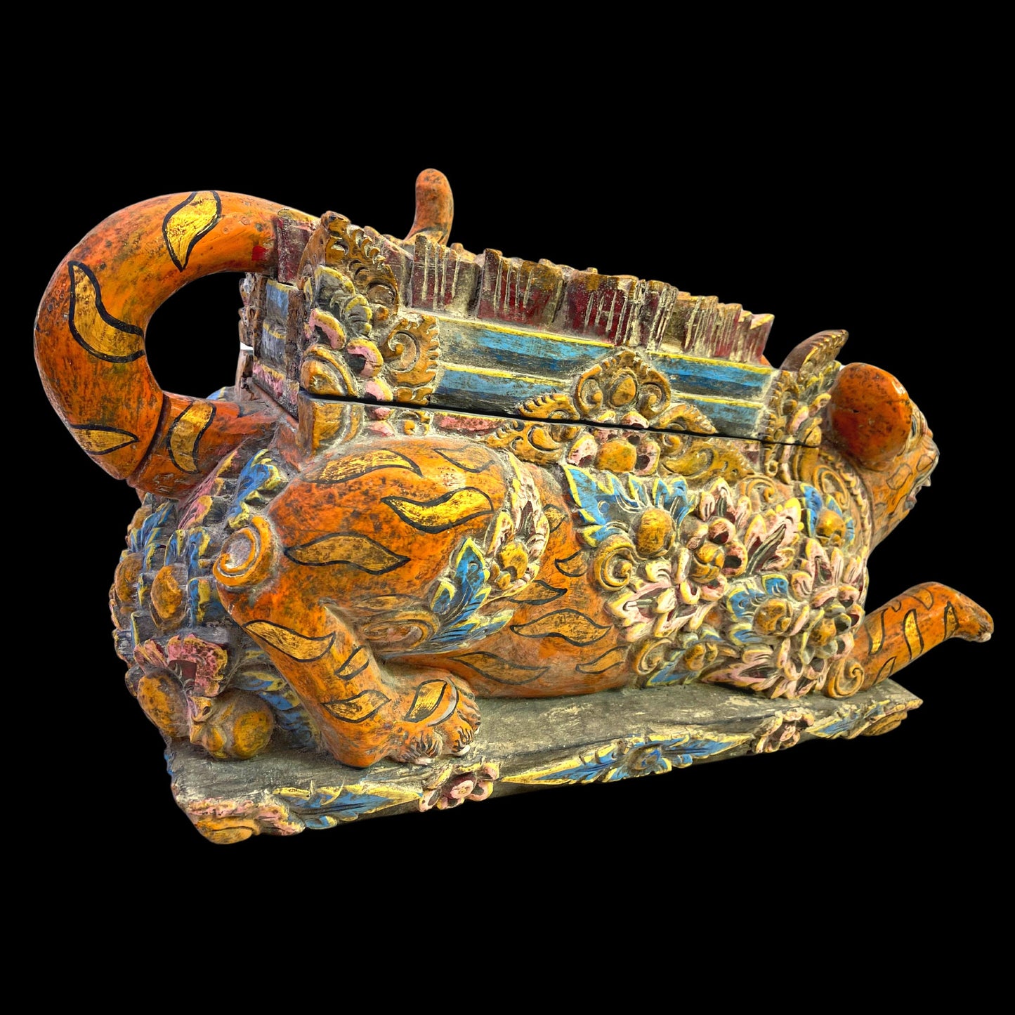 Balinese Barong Tiger Cat Offering Box Singa Macan Keropak Polychrome Hand Carved Cempaka Wood Bali Temple Folk Art Orange Tiger stripes 22" - Acadia World Traders