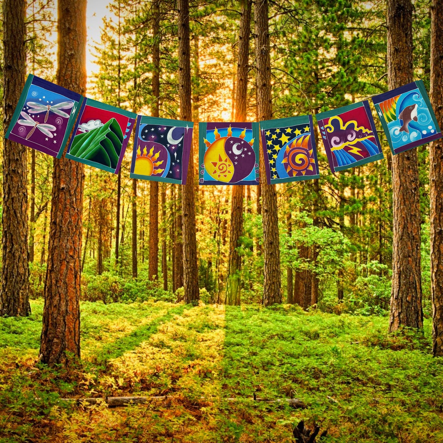 Great Outdoors Mountains Sun Moon Dragonfly Fish Moon Prayer Flag Wall Art Bali Handmade hand painted Batik Boho Garden & Home Decor