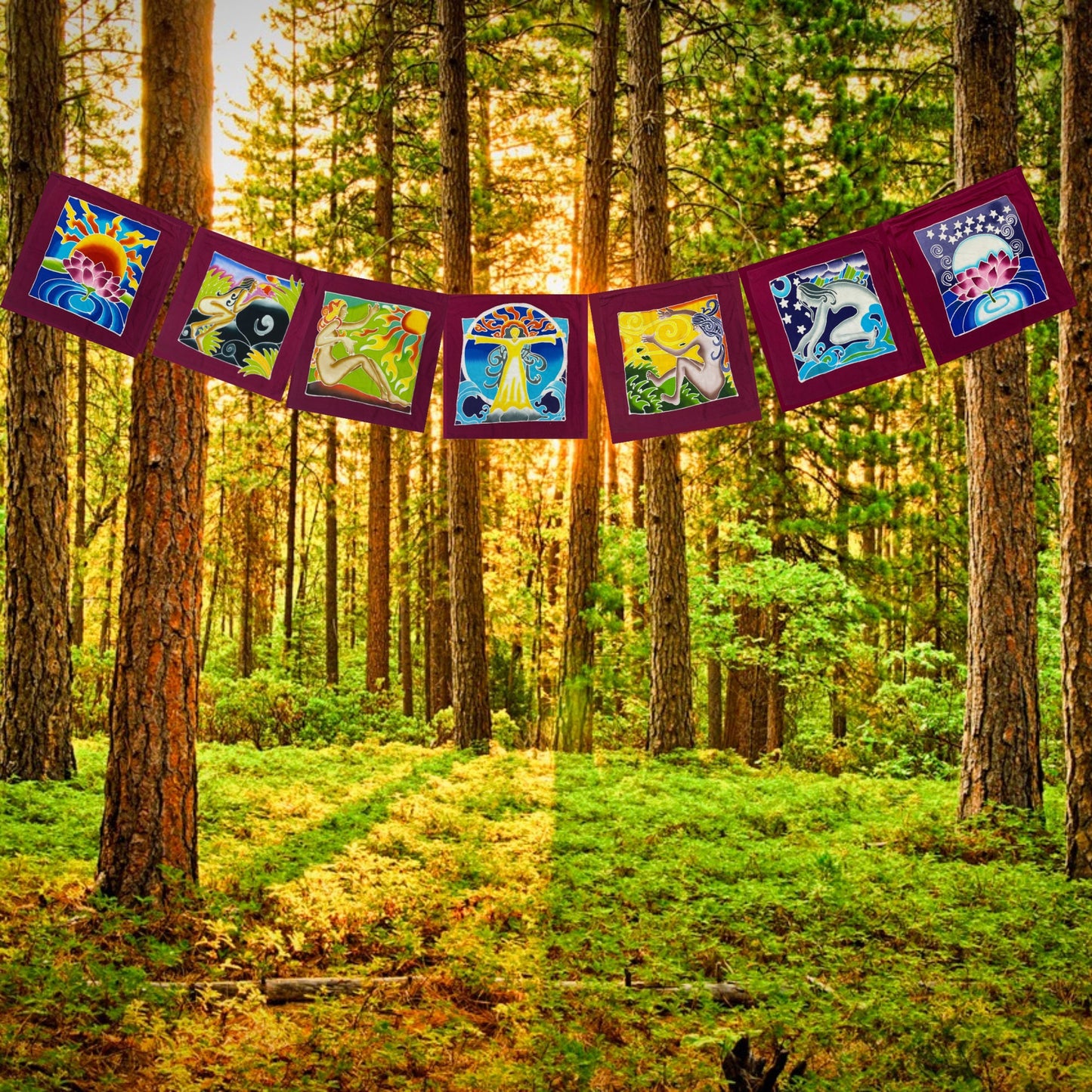 Mother Earth Goddess Divine Feminine Lotus Moon Sun Prayer Flag Wall Art Wiccan Bali Handmade Hand Painted Batik Boho Garden & Home Decor