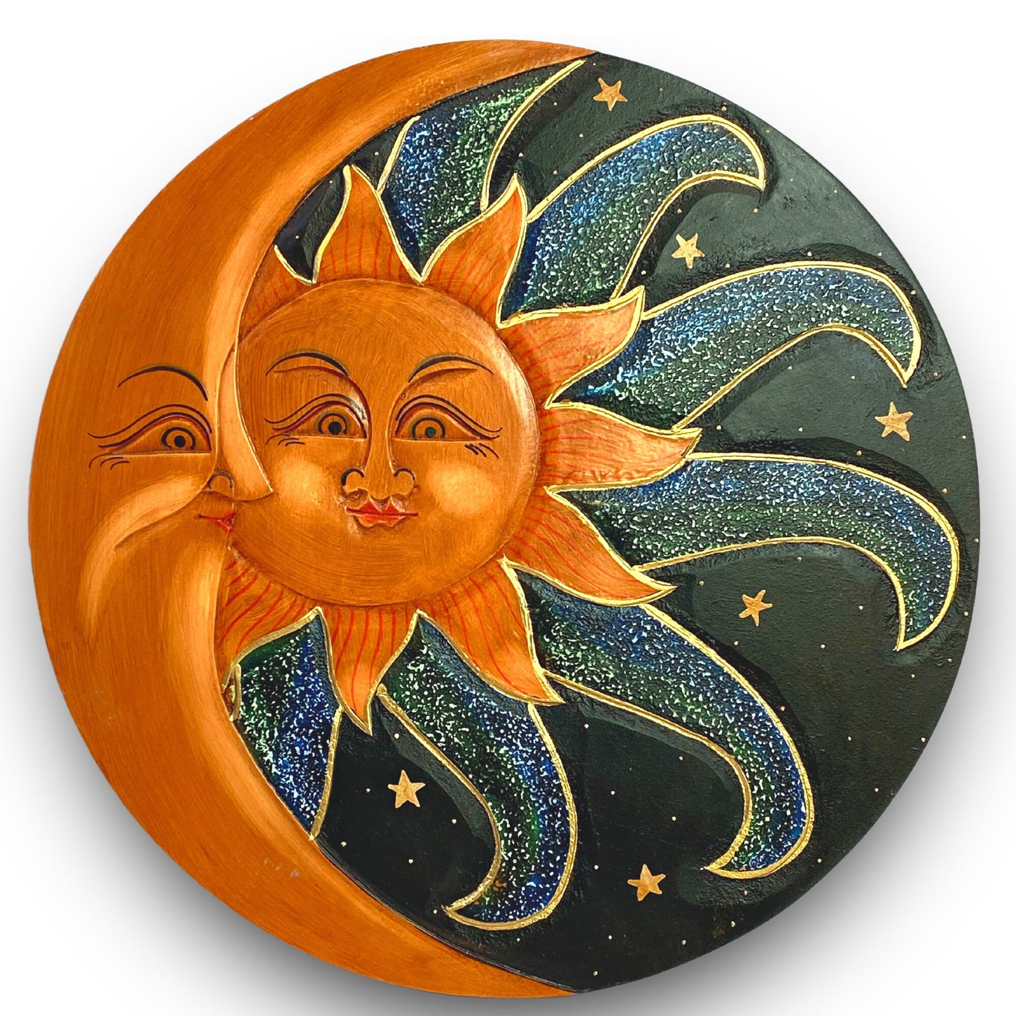 Sunburst Sun & Moon Wall sculpture plaque art Love Celestial Half MOON Celestial Carved hand painted Bali Balinese folk art Blue Green