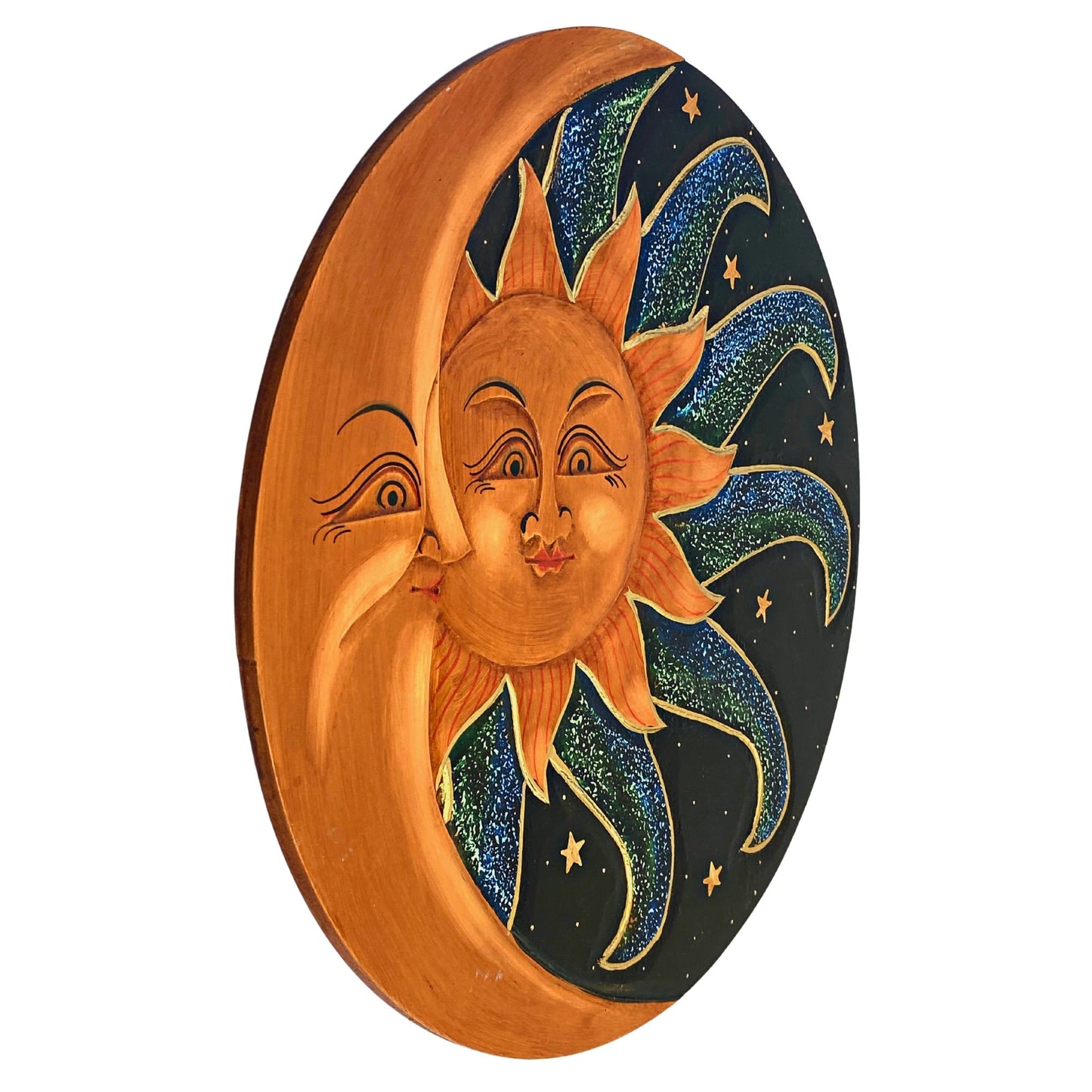 Sunburst Sun & Moon Wall sculpture plaque art Love Celestial Half MOON Celestial Carved hand painted Bali Balinese folk art Blue Green