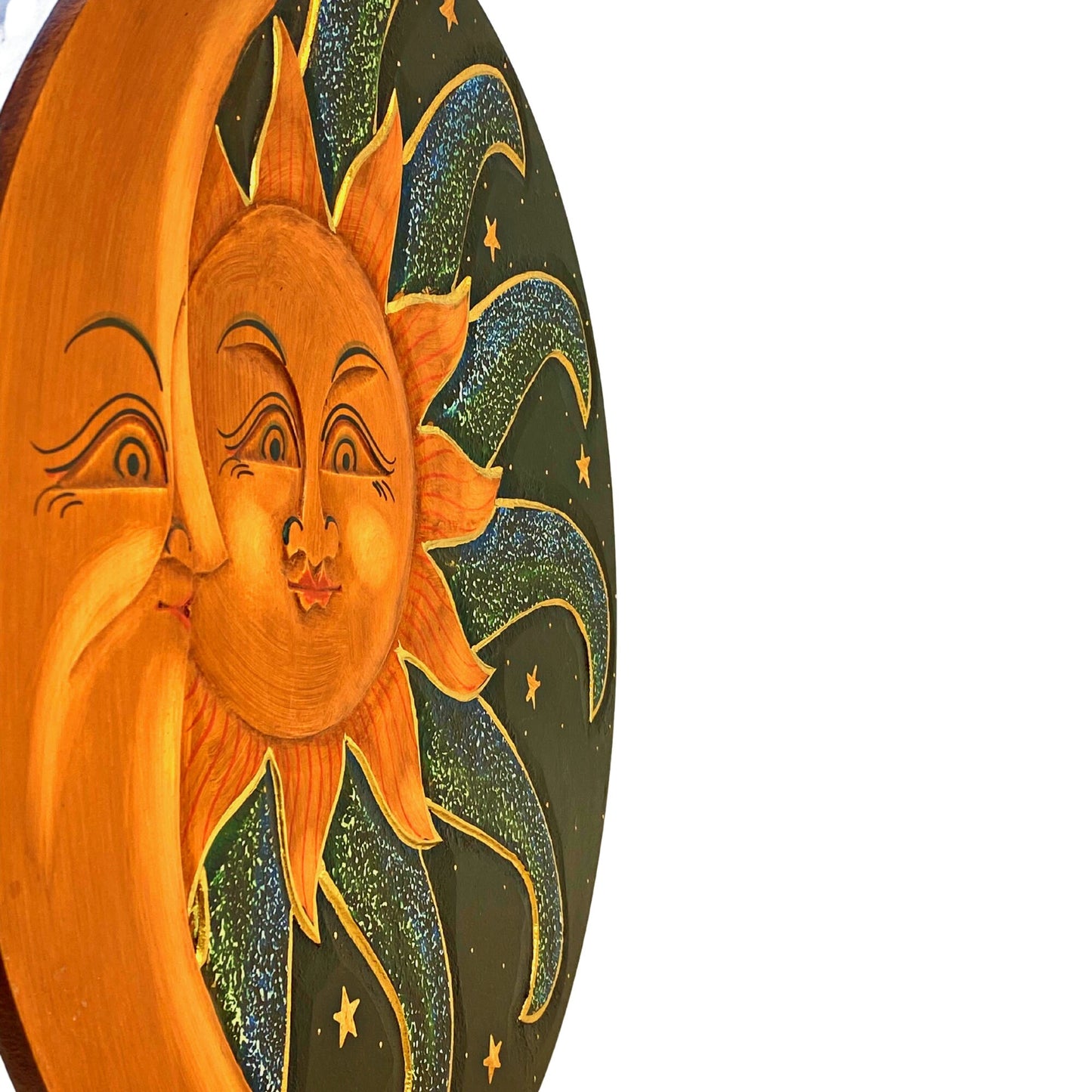Sunburst Sun & Moon Wall sculpture plaque art Love Celestial Half MOON Celestial Carved hand painted Bali Balinese folk art Blue Green