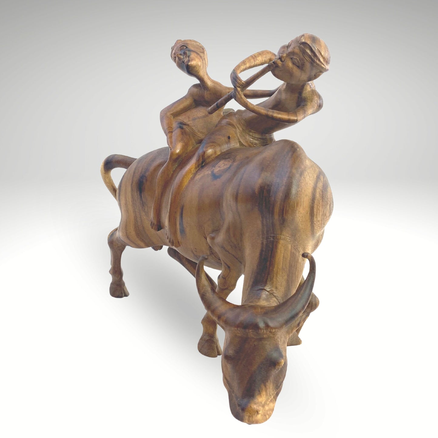 Balinese Playful Boys Riding Water Buffalo While Playing Flute Sculpture Statue Wood Carving hand carved wood Carving Vintage Bali folk Art - Acadia World Traders