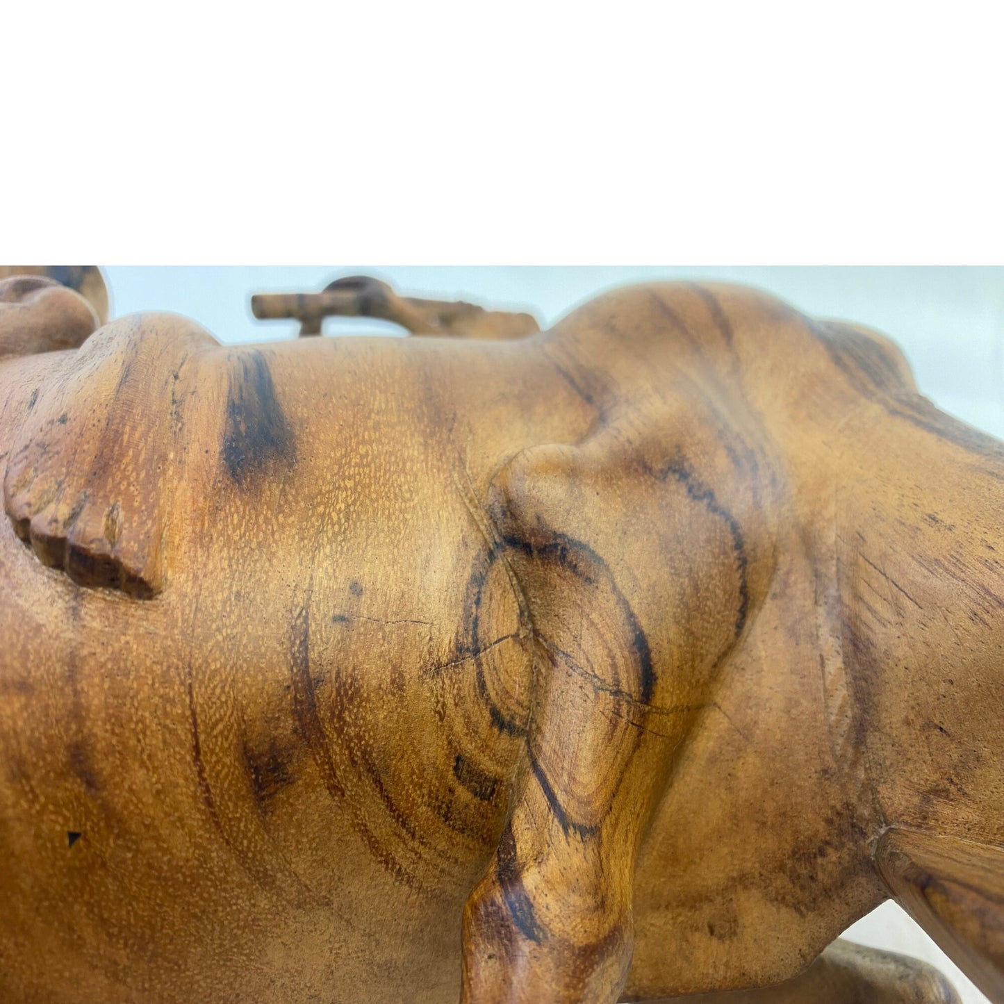 Vintage Balinese Wood Carving Sculpture: Boys Riding Water Buffalo Hand Carved Wood