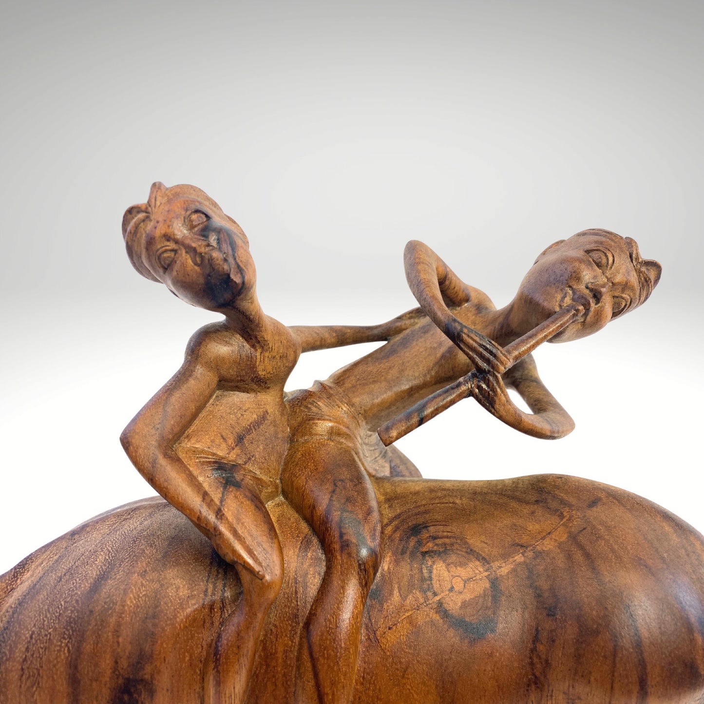 Balinese Playful Boys Riding Water Buffalo While Playing Flute Sculpture Statue Wood Carving hand carved wood Carving Vintage Bali folk Art - Acadia World Traders