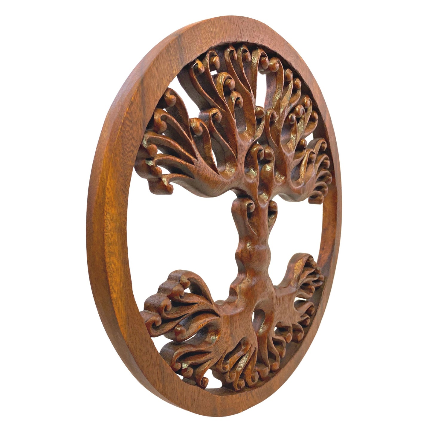 Tree of life Wooden Wall Art Sculpture Plaque Panel Hand Carved Suar wood carving Bali folk Art handmade Boho Eclectic decor - Acadia World Traders