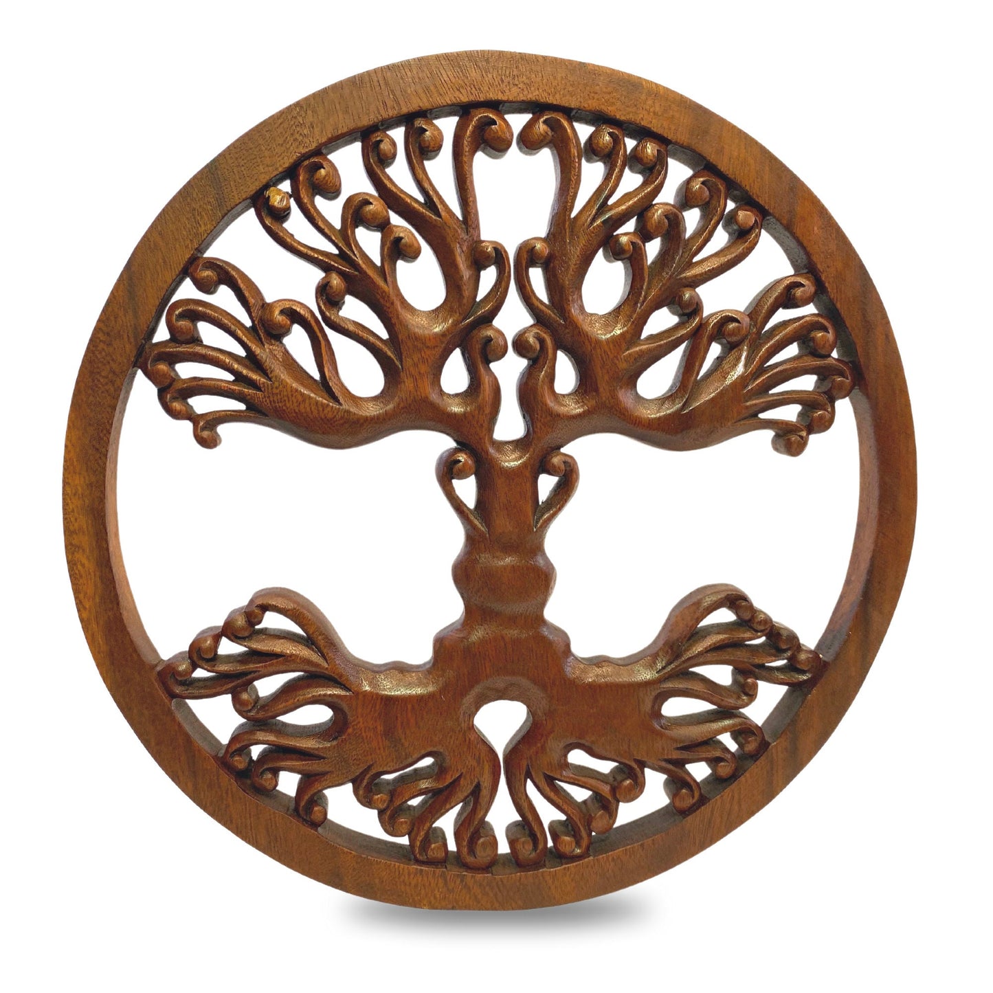 Tree of life Wooden Wall Art Sculpture Plaque Panel Hand Carved Suar wood carving Bali folk Art handmade Boho Eclectic decor - Acadia World Traders