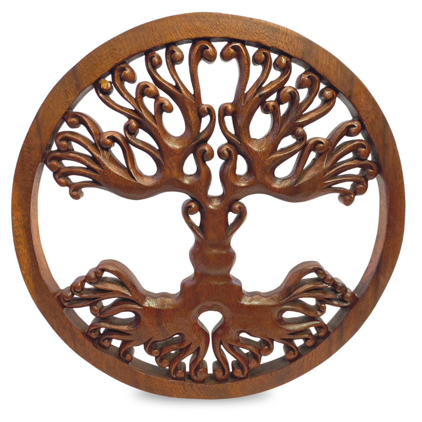 Tree of life Wooden Wall Art Sculpture Plaque Panel Hand Carved Suar wood carving Bali folk Art handmade Boho Eclectic decor - Acadia World Traders