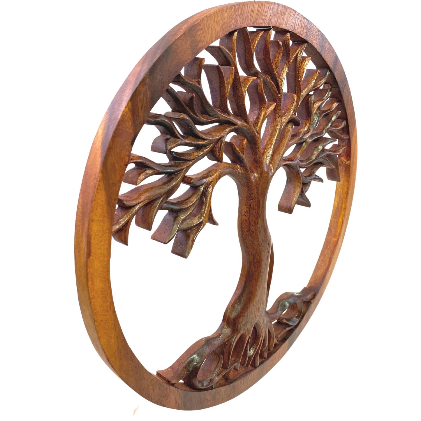 Tree of life Wooden Wall Art Sculpture Plaque Panel Hand Carved Suar Wood Carving Bali folk Art handmade Boho Eclectic Decor - Acadia World Traders