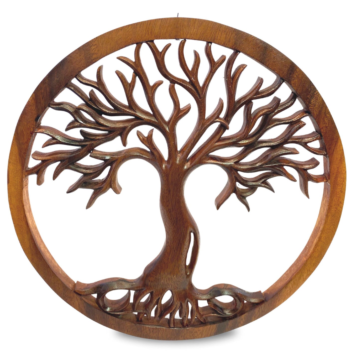 Tree of life Wooden Wall Art Sculpture Plaque Panel Hand Carved Suar Wood Carving Bali folk Art handmade Boho Eclectic Decor - Acadia World Traders