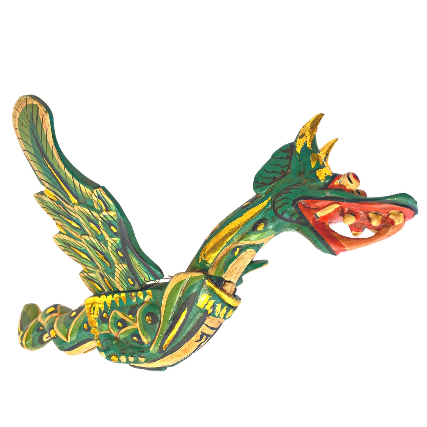 Flying Dragon Spiritchaser Hanging Mobile Wooden Demon Chaser Hand carved wood Carving Balinese Folk Art Green 12”