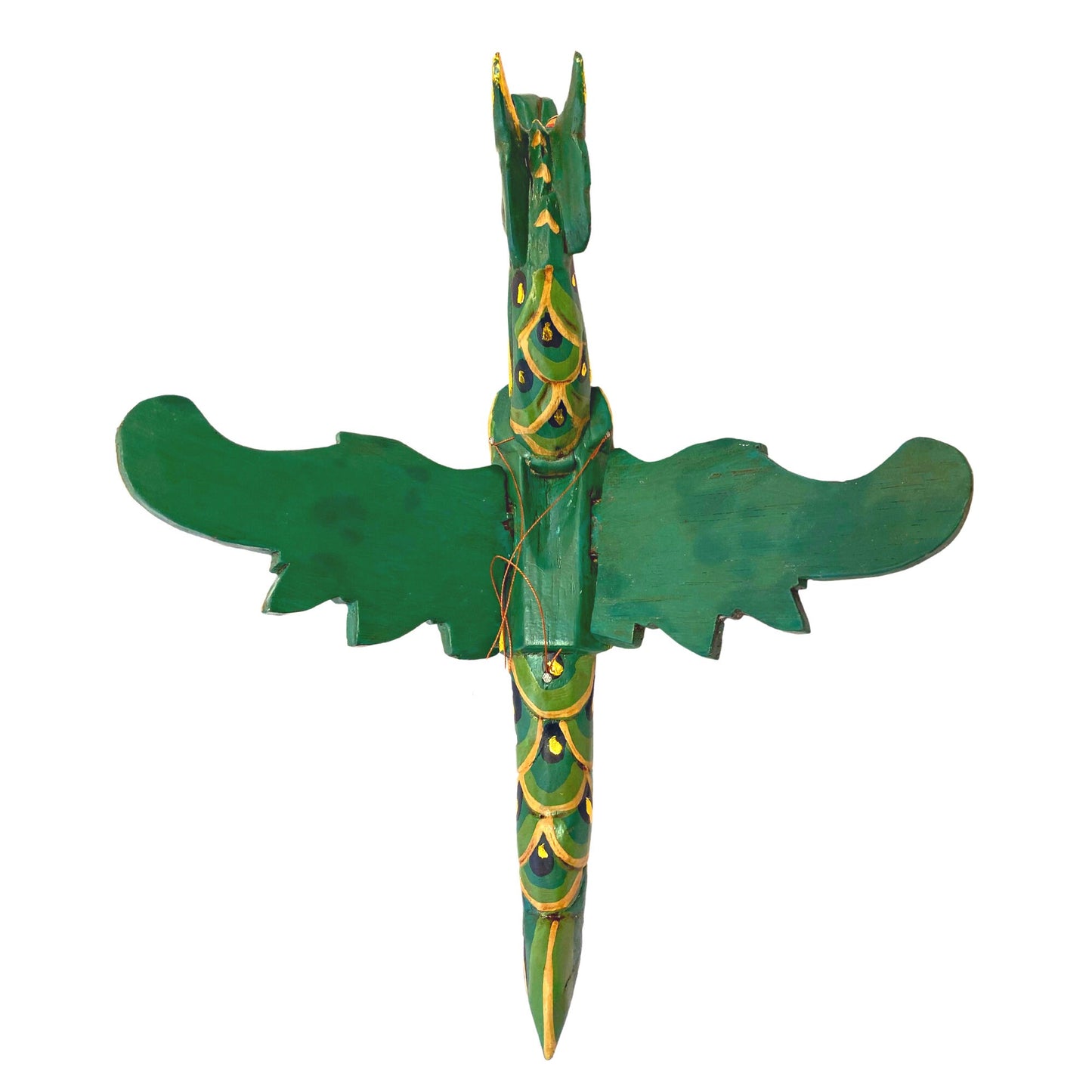 Flying Dragon Spiritchaser Hanging Mobile Wooden Demon Chaser Hand carved wood Carving Balinese Folk Art Green 12”