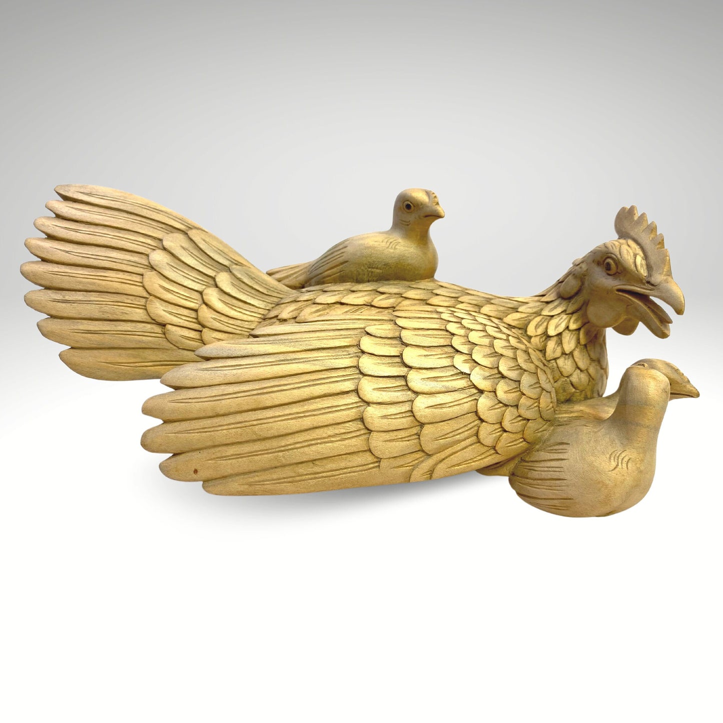 Mother Hen Wood Carving Sculpture Chicken with Brood of Chicks Hand Carved Wood Carving Balinese Folk Art Statue - Acadia World Traders