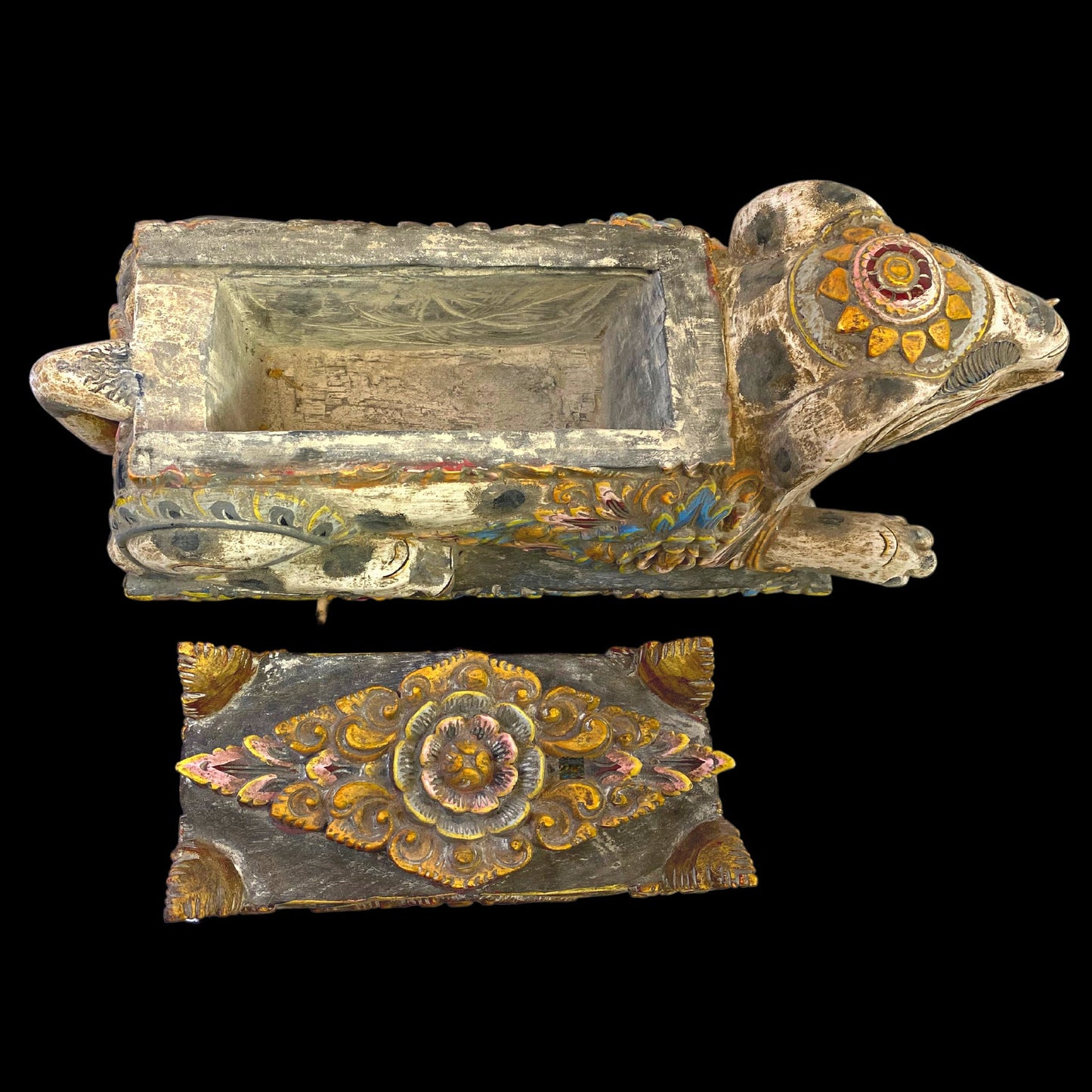 Balinese Elephant Offering Box Gajah Keropak Vintage Temple Chest Polychrome Hand Carved Cempaka Wood Carving Bali Folk Art 22 - Acadia World Traders