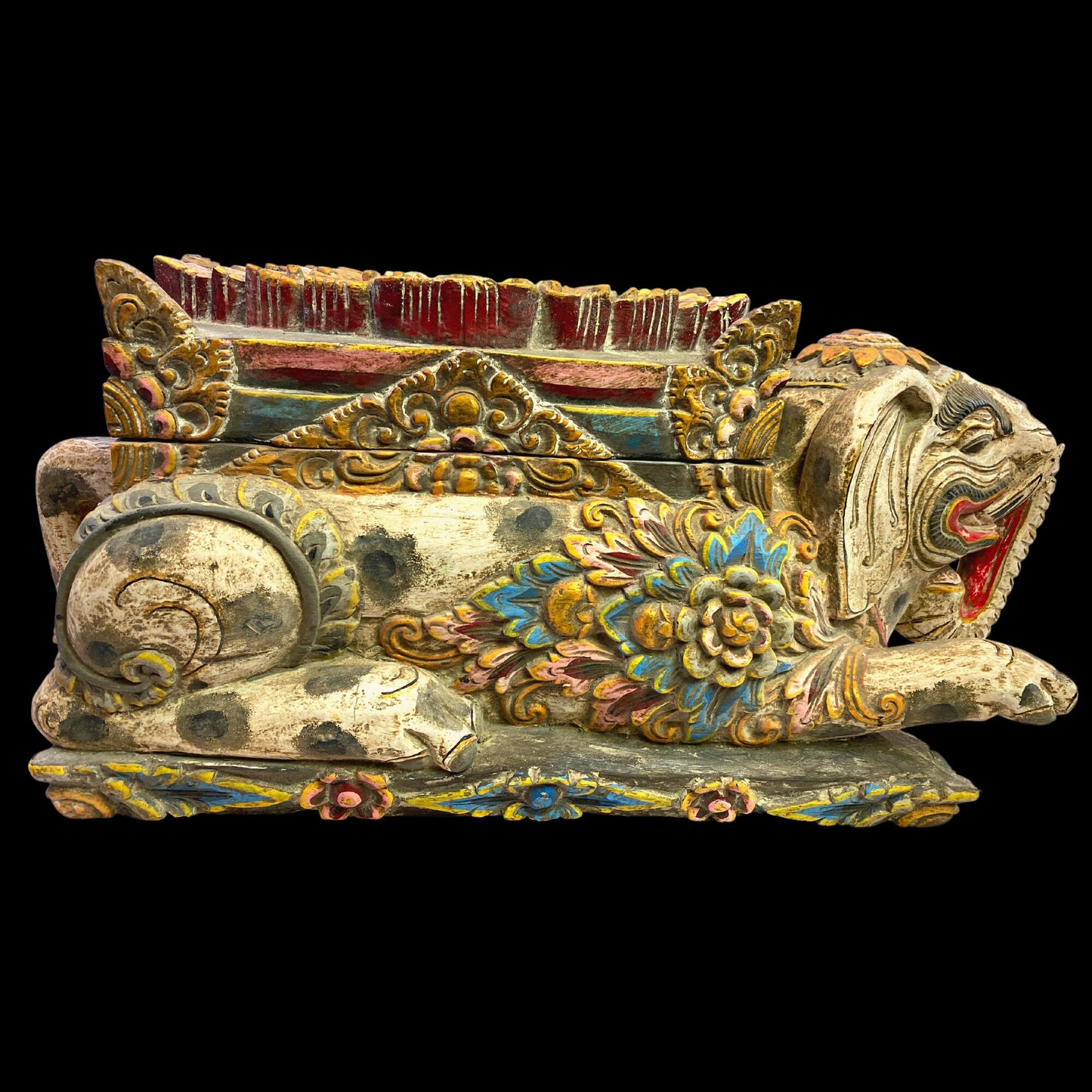 Balinese Elephant Offering Box Gajah Keropak Vintage Temple Chest Polychrome Hand Carved Cempaka Wood Carving Bali Folk Art 22 - Acadia World Traders