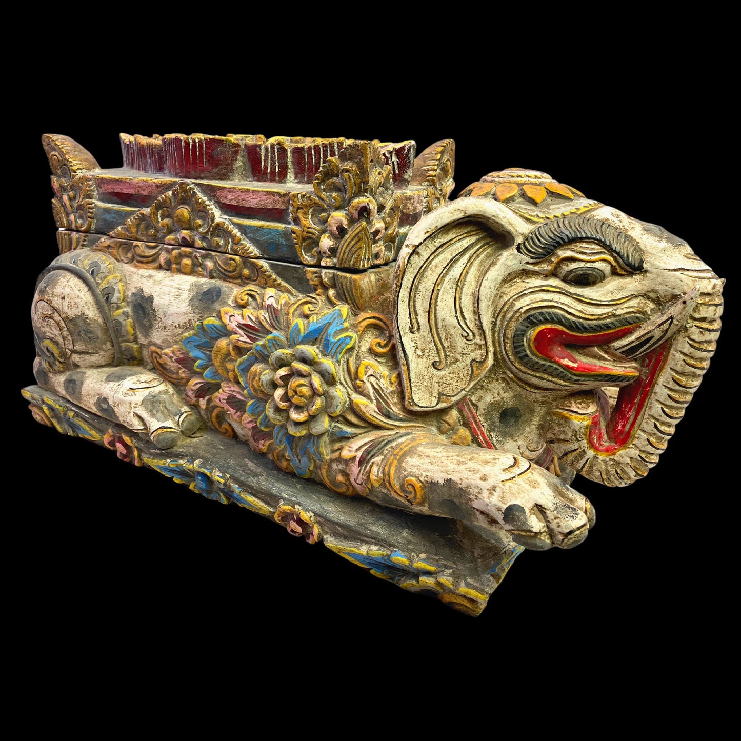 Balinese Elephant Offering Box Gajah Keropak Vintage Temple Chest Polychrome Hand Carved Cempaka Wood Carving Bali Folk Art 22 - Acadia World Traders