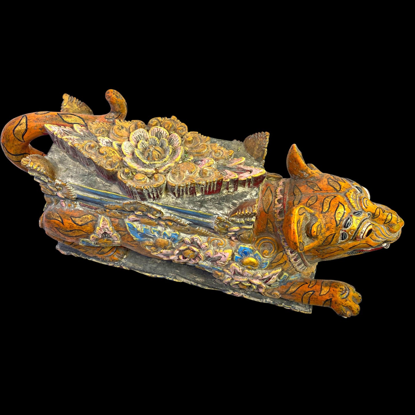 Balinese Barong Tiger Cat Offering Box Singa Macan Keropak Polychrome Hand Carved Cempaka Wood Bali Temple Folk Art Orange Tiger stripes 22" - Acadia World Traders