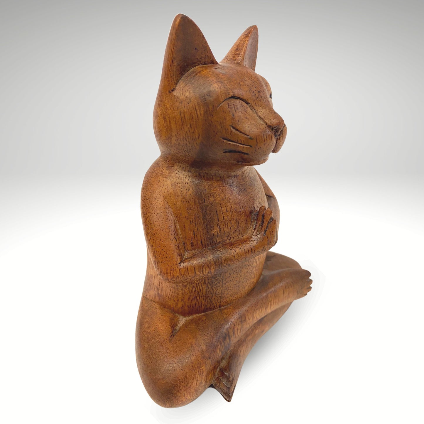 Namaste Buddha Cat Statue Lotus Yoga Pose Asana Wood Carving Sculpture Hand Carved Balinese Art - Acadia World Traders