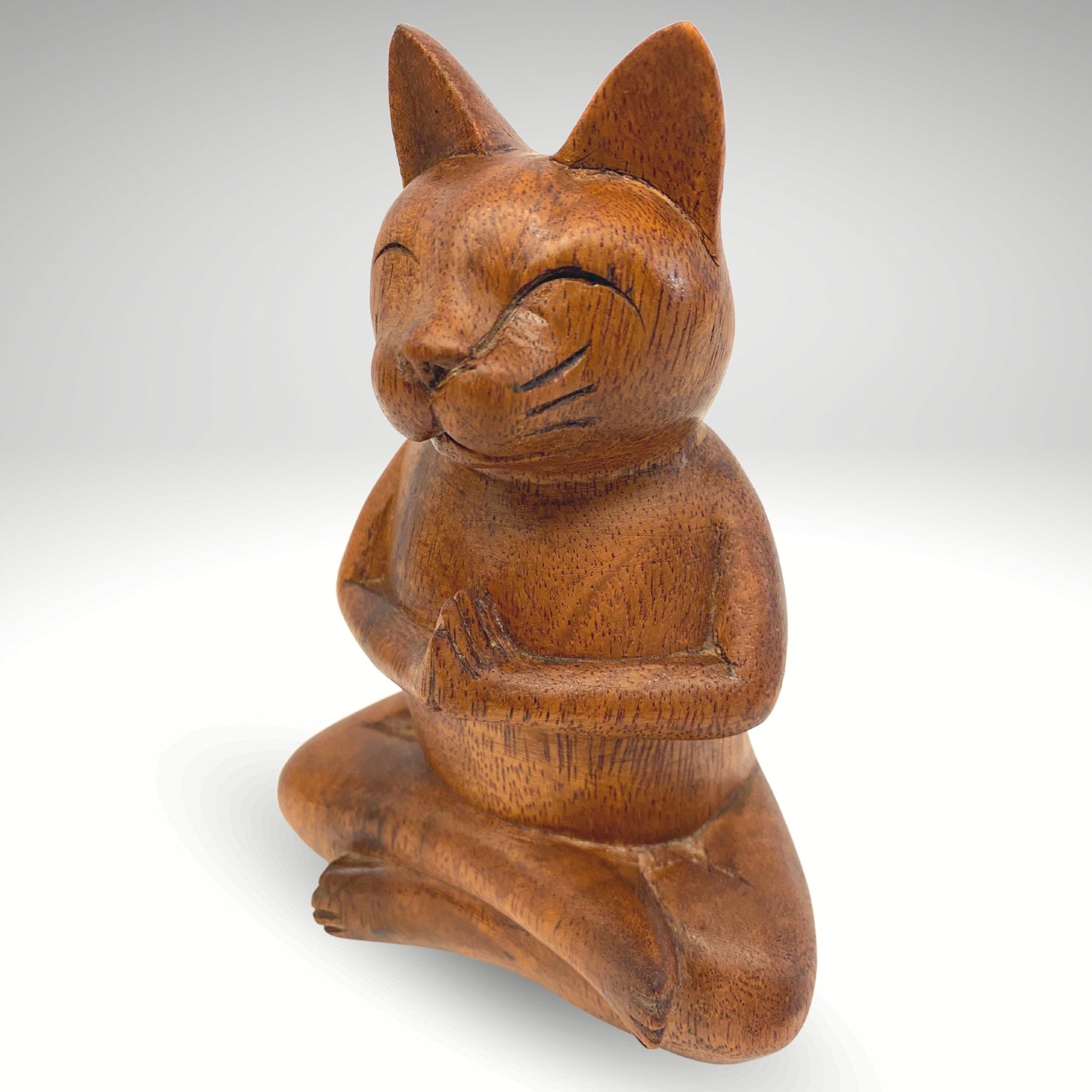 Namaste Buddha Cat Statue Lotus Yoga Pose Asana Wood Carving Sculpture Hand Carved Balinese Art - Acadia World Traders