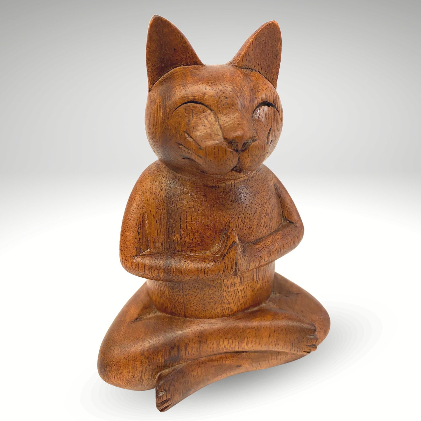 Namaste Buddha Cat Statue Lotus Yoga Pose Asana Wood Carving Sculpture Hand Carved Balinese Art - Acadia World Traders
