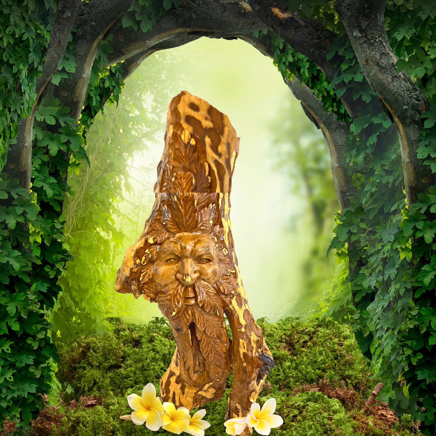 Tree Spirit Sculpture Hand Carved Teak Wood Statue: Rustic Fantasy Wall Art Sculpture
