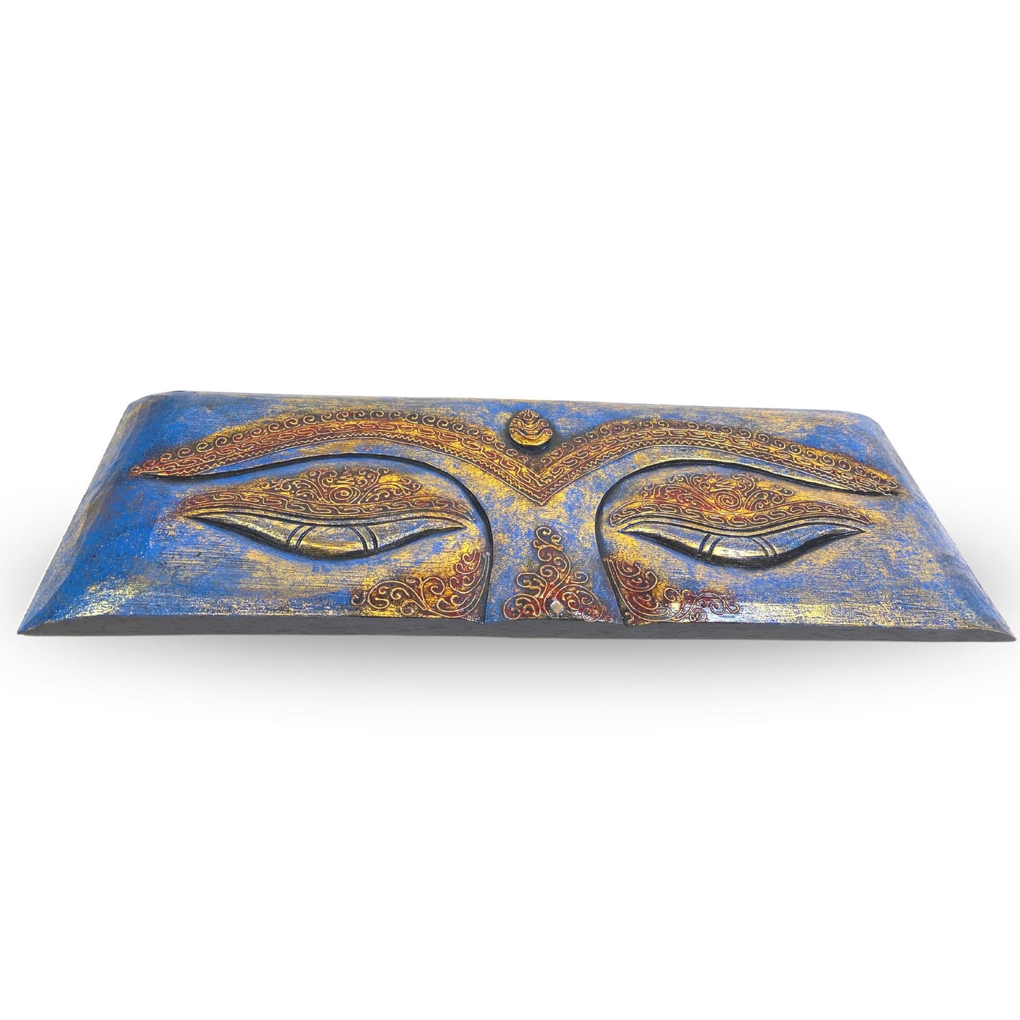 Eyes of Buddha Hand Carved Wood Wall Art Panel Sculpture Blue Balinese Art