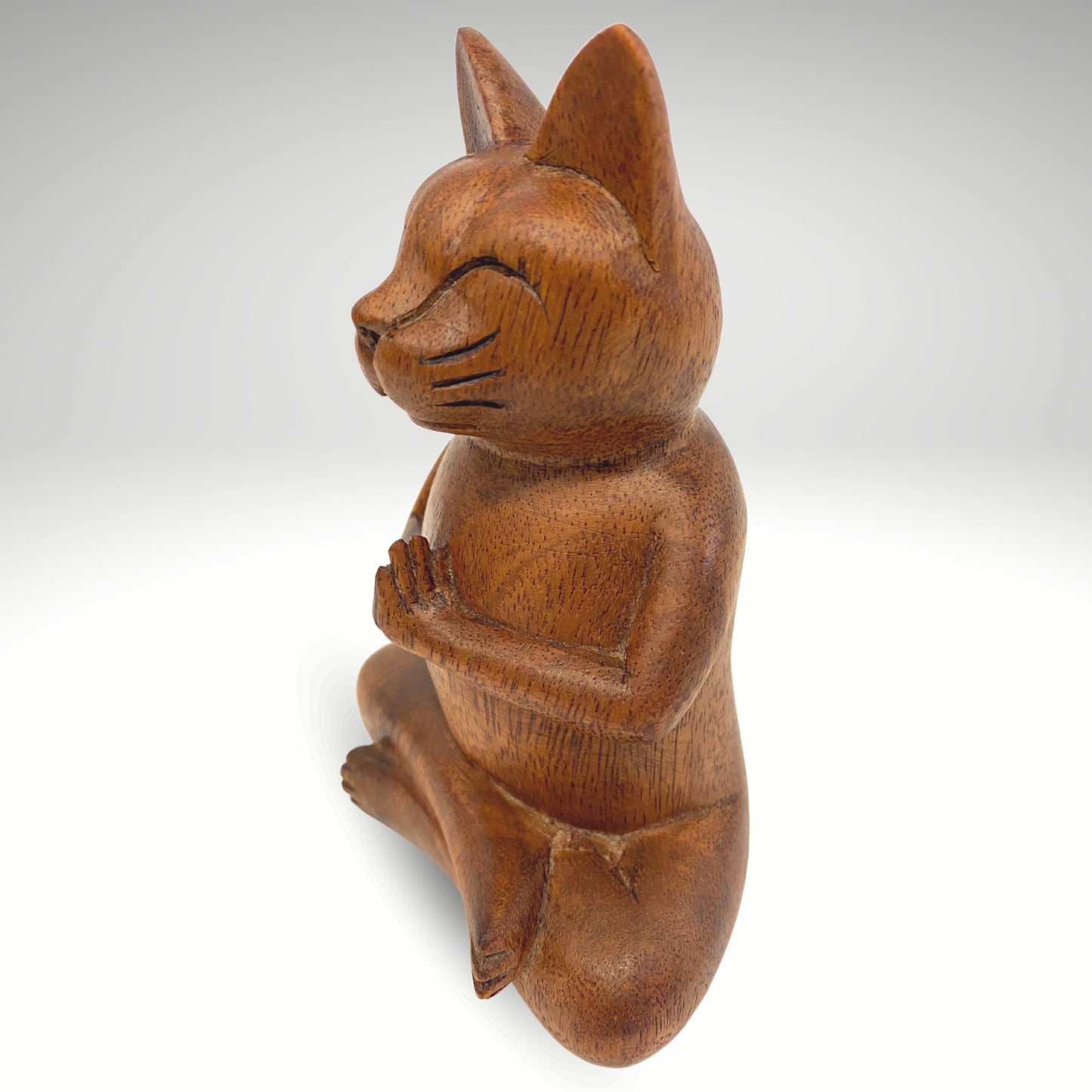 Namaste Buddha Cat Statue Lotus Yoga Pose Asana Wood Carving Sculpture Hand Carved Balinese Art - Acadia World Traders