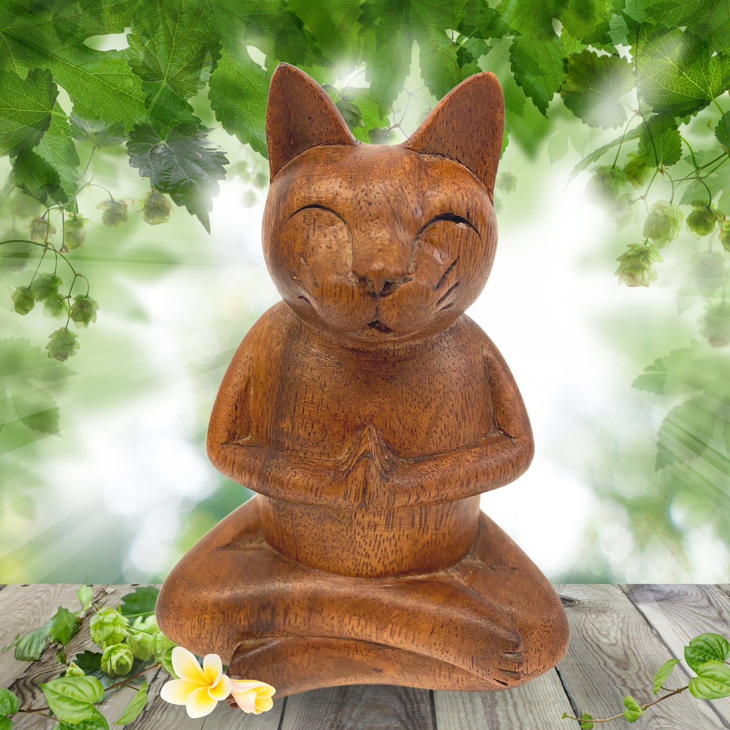 Namaste Buddha Cat Statue - Hand Carved Balinese Wood Cat Sculpture