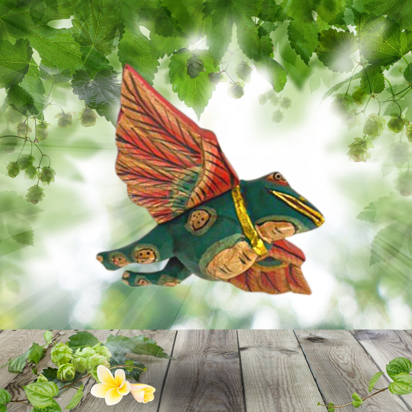 FLYING Frog Mobile Winged Spirit demon Chaser hand carved wood Balinese Folk Art green 6" - Acadia World Traders