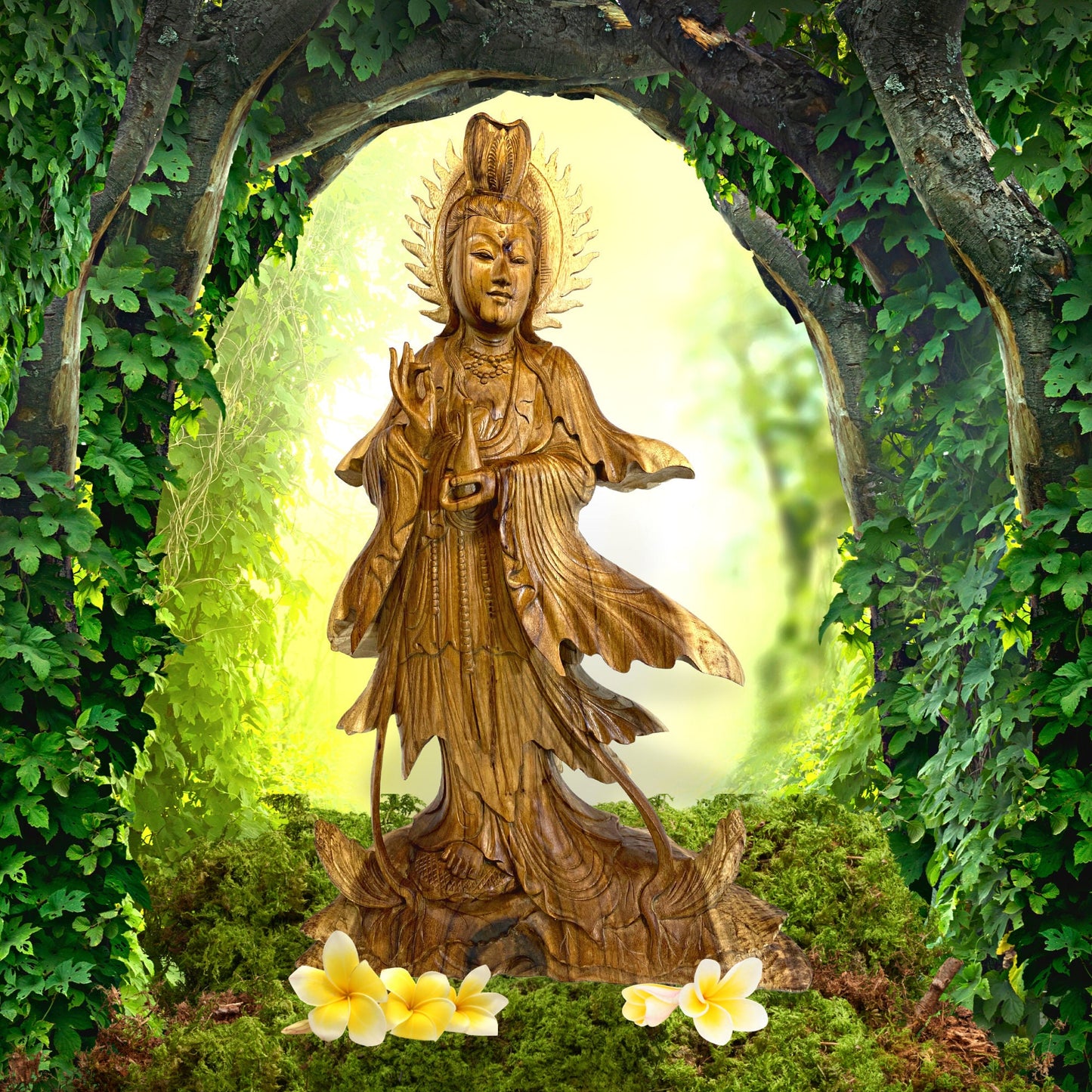 Hand Carved Guanyin Goddess of Compassion Statue: Balinese Wood Sculpture, 31" Tall
