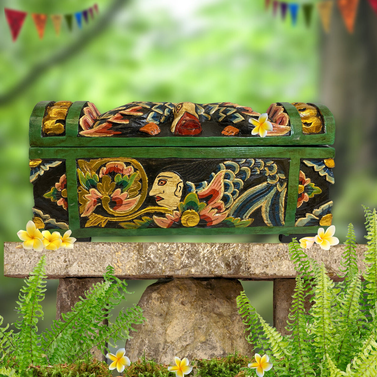 Balinese Mermaid Stash Box: Hand Carved Wood Polychrome Painted Dowry Chest