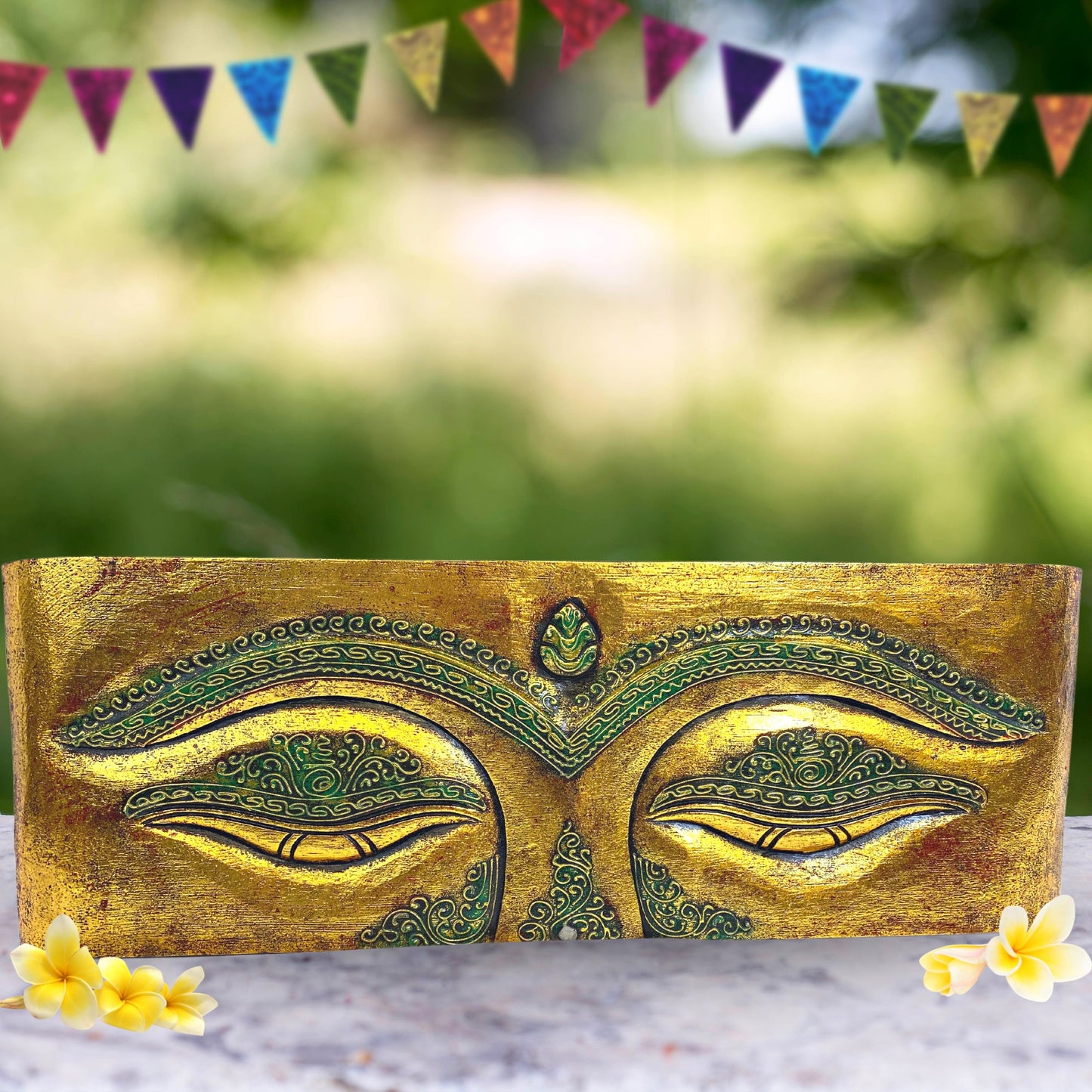 Eyes of Buddha Hand Carved Wood Wall Art Panel Sculpture Gold Balinese Art