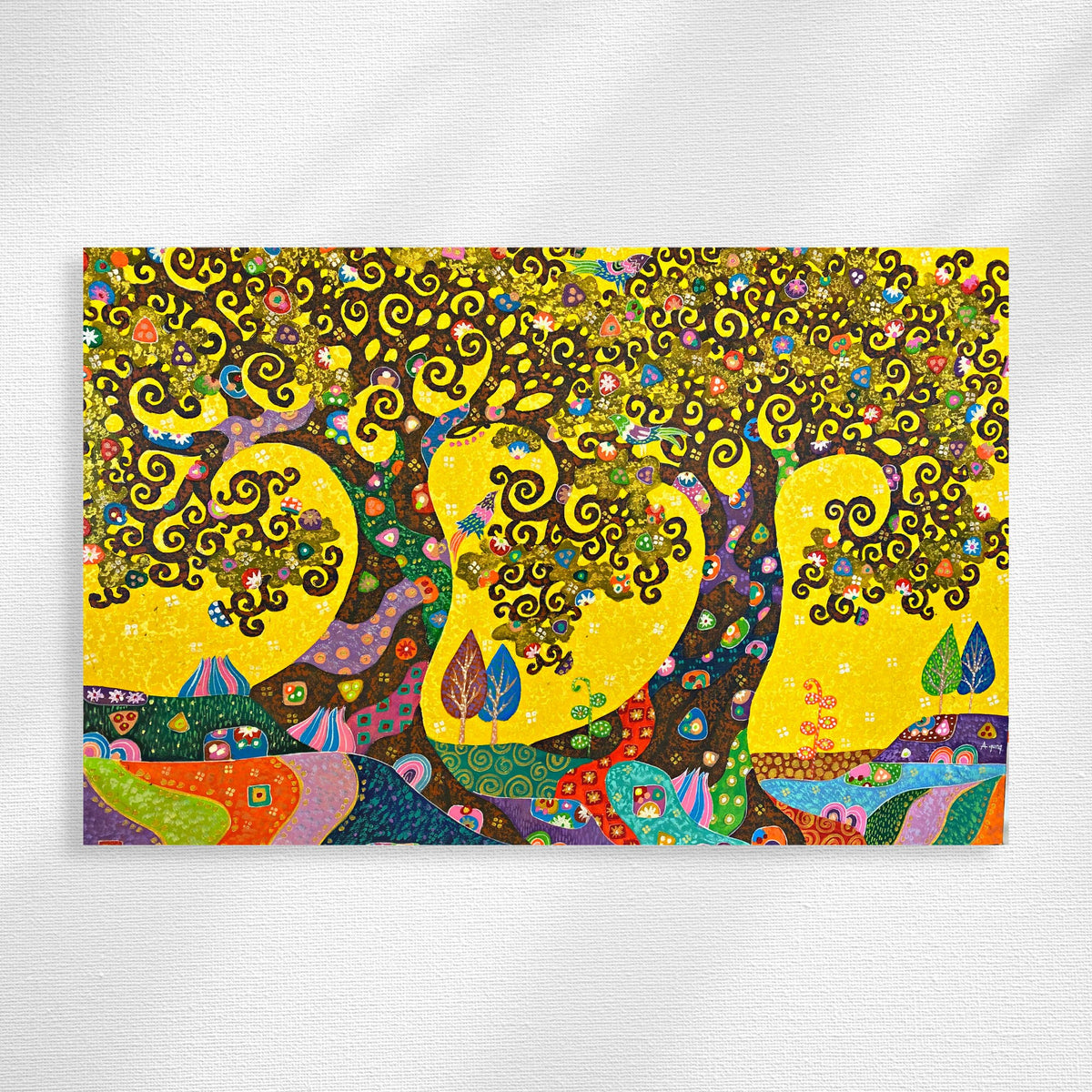 Tree of Life Painting: Klimt-Inspired Original Signed Balinese Wall Art Canvas, 47x32"