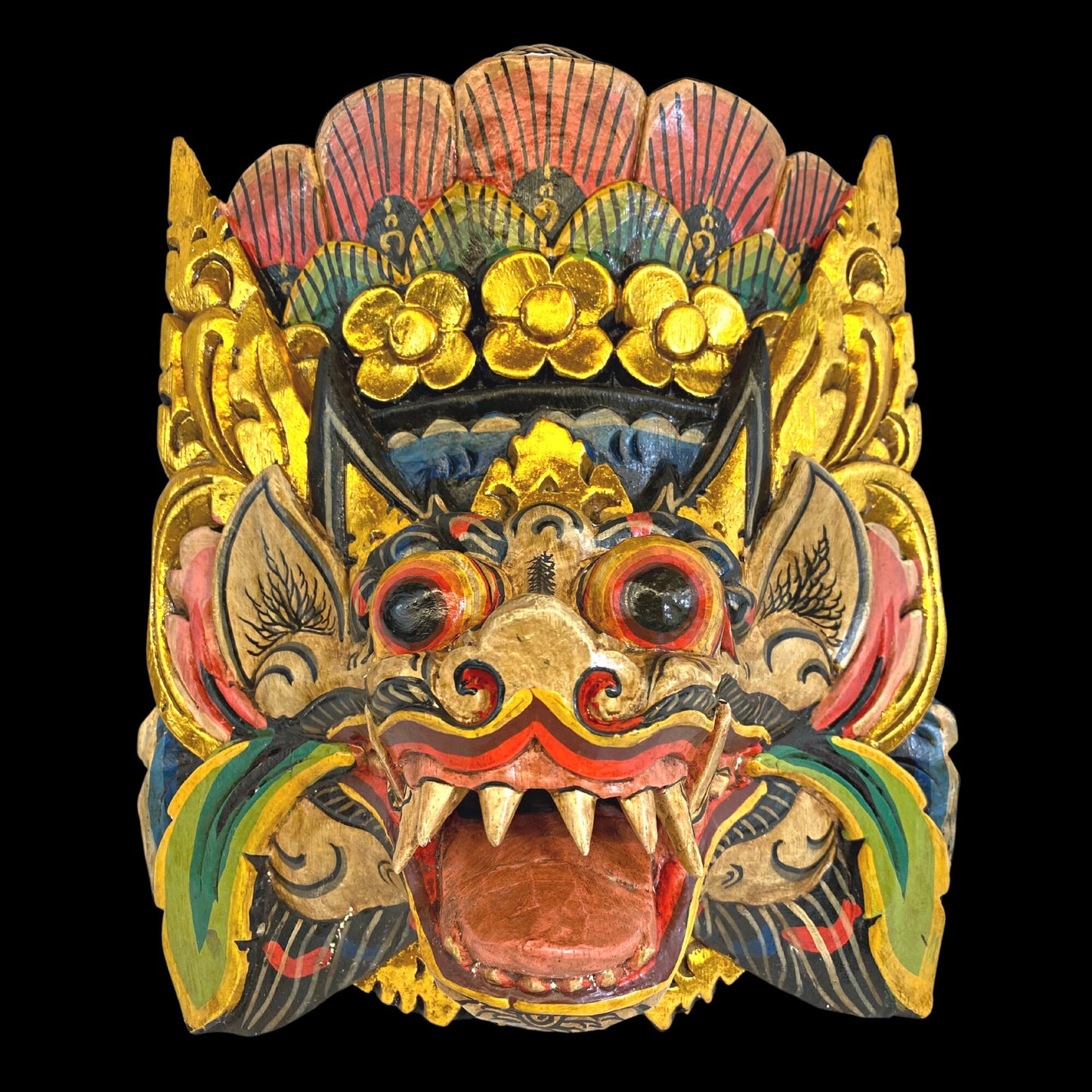 Balinese Mask Barong Singa Lion Mask Protector Guardian Polychrome Hand Carved Wood Bali Folk Art wooden Mask Wall Decor - Acadia World Traders