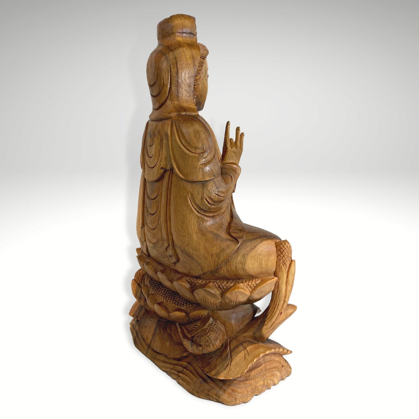 Seated Guanyin Upon Lotus Base Sculpture Bodhisattva Goddess of Compassion Mercy Statue Hand Carved Wood Carving Asian Art Mahayana Buddhism