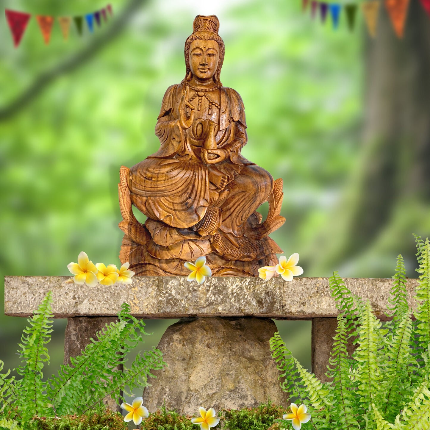 Seated Guanyin Upon Lotus Base Sculpture Bodhisattva Goddess of Compassion Mercy Statue Hand Carved Wood Carving Asian Art Mahayana Buddhism