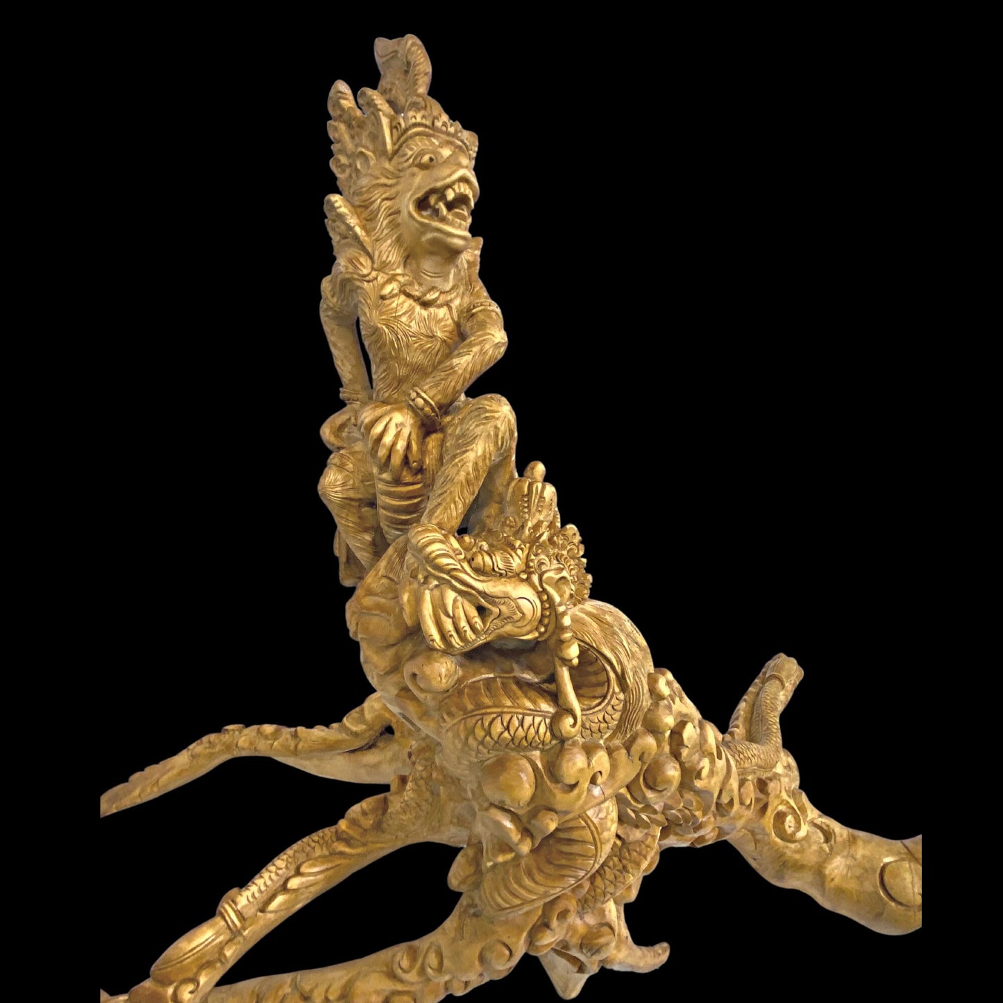 Hanuman Statue Monkey God Fighting With Naga Dragon Frangipani Wood Carving Sculpture Ramayana Bali Folk Art Hand Carved Wood
