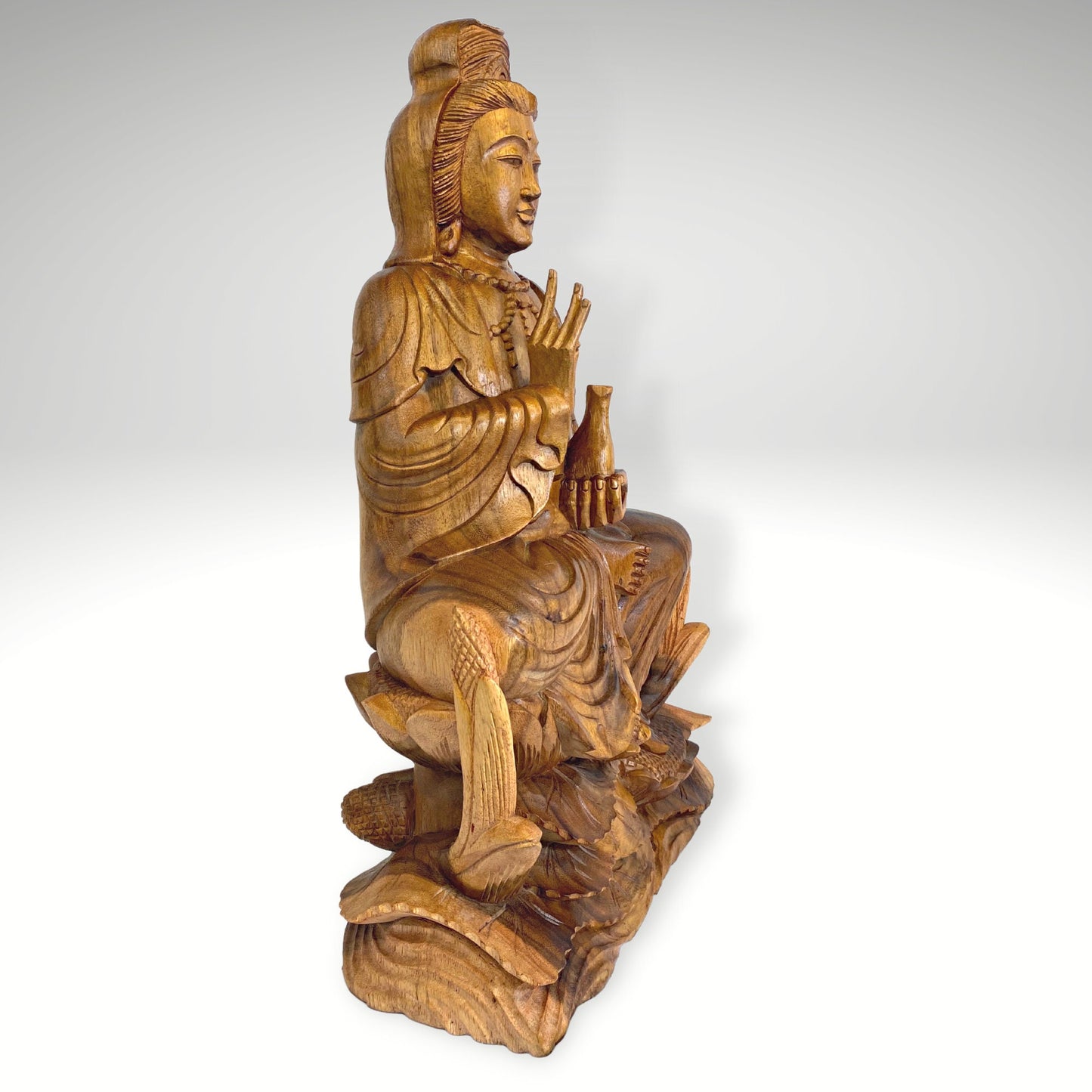 Seated Guanyin Upon Lotus Base Sculpture Bodhisattva Goddess of Compassion Mercy Statue Hand Carved Wood Carving Asian Art Mahayana Buddhism