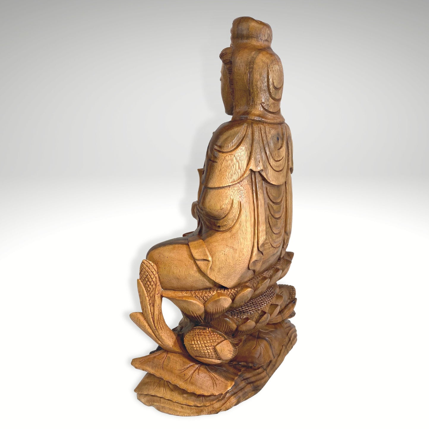 Seated Guanyin Upon Lotus Base Sculpture Bodhisattva Goddess of Compassion Mercy Statue Hand Carved Wood Carving Asian Art Mahayana Buddhism