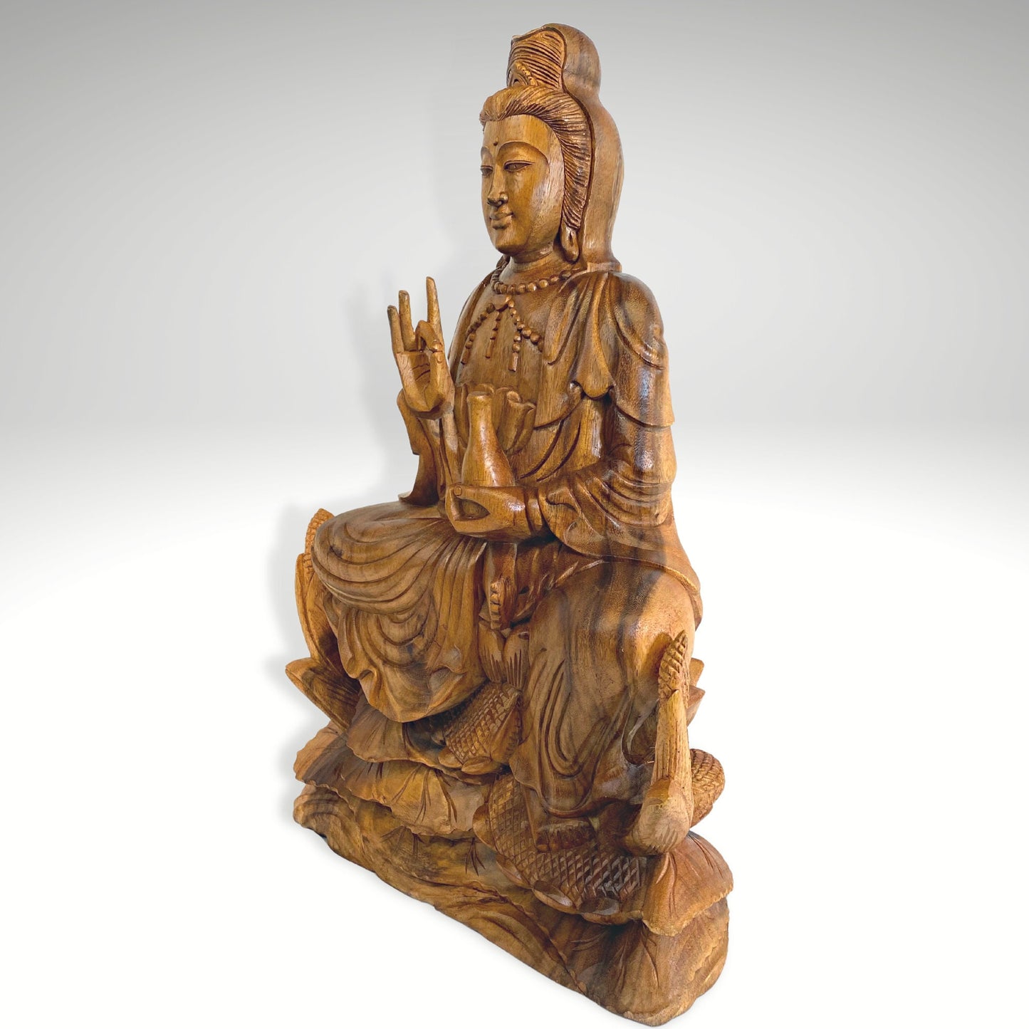 Seated Guanyin Upon Lotus Base Sculpture Bodhisattva Goddess of Compassion Mercy Statue Hand Carved Wood Carving Asian Art Mahayana Buddhism