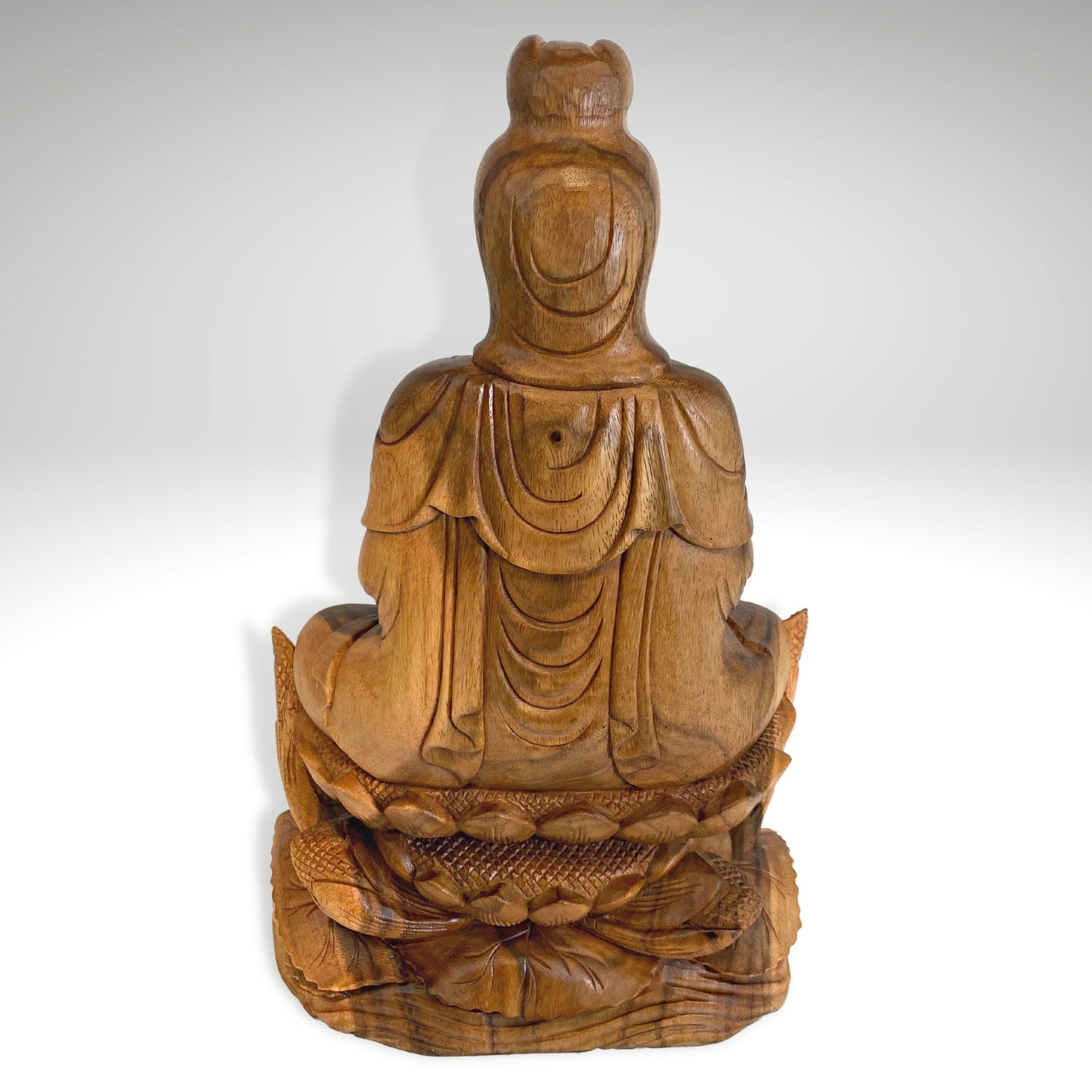 Seated Guanyin Upon Lotus Base Sculpture Bodhisattva Goddess of Compassion Mercy Statue Hand Carved Wood Carving Asian Art Mahayana Buddhism